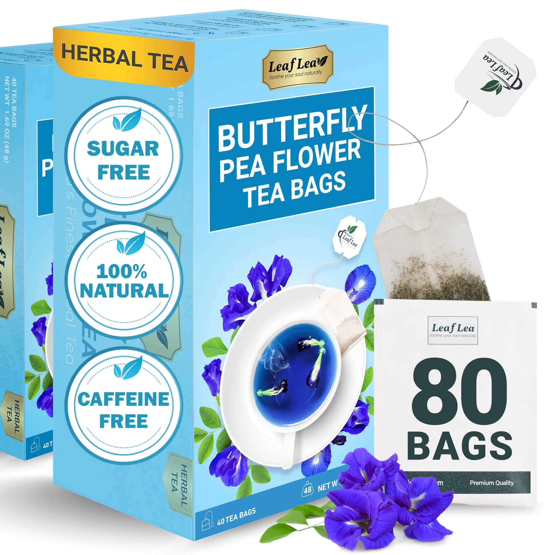 LeafLea Butterfly Pea Flower Tea Bags, Herbal, Caffeine-Free, Sugar-Free, Non-GMO, 80 Bags (Pack of 2)