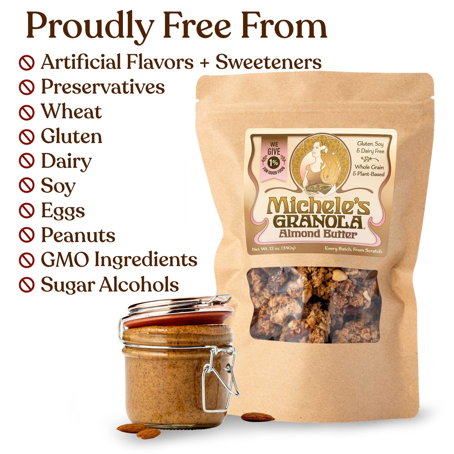Micheles Granola Almond Butter, Handmade, Whole Grain, Vegan, Gluten-Free & Non-Gmo, 12Oz Resealable Bags, Pack Of 6