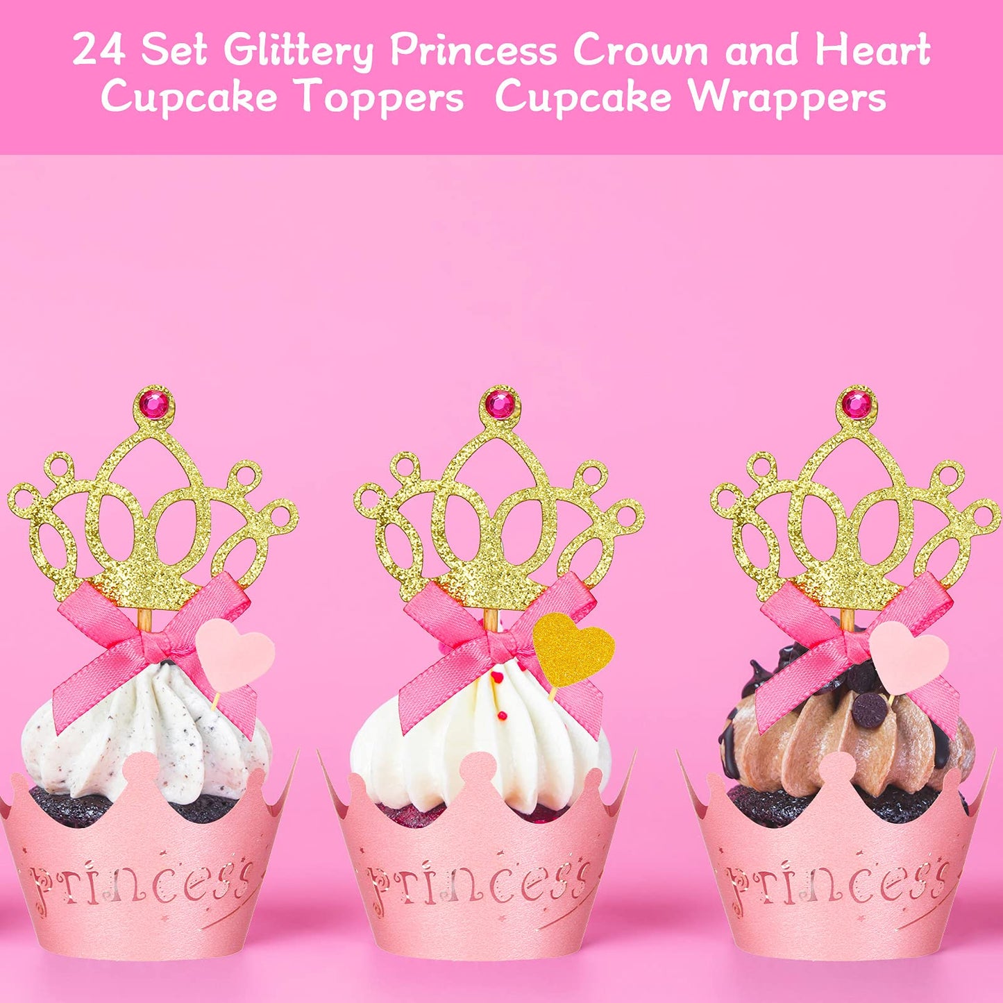 72 Pieces Glittery Princess Cupcake Toppers Crown Cupcake Wrapper Holder Pink Gold Crown Tiara Cupcake Pick Glitter Heart Cupcak