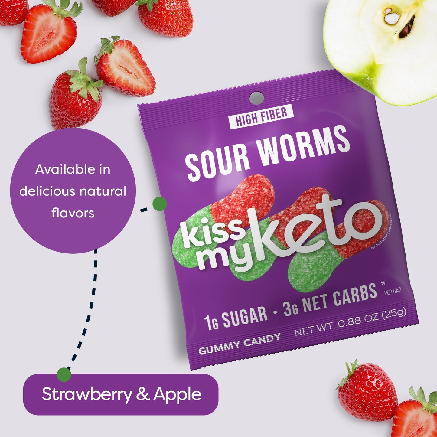 Kiss My Keto Sour Gummy Worms – Low Carb, 1g Sugar, High Fiber – Pack of 16