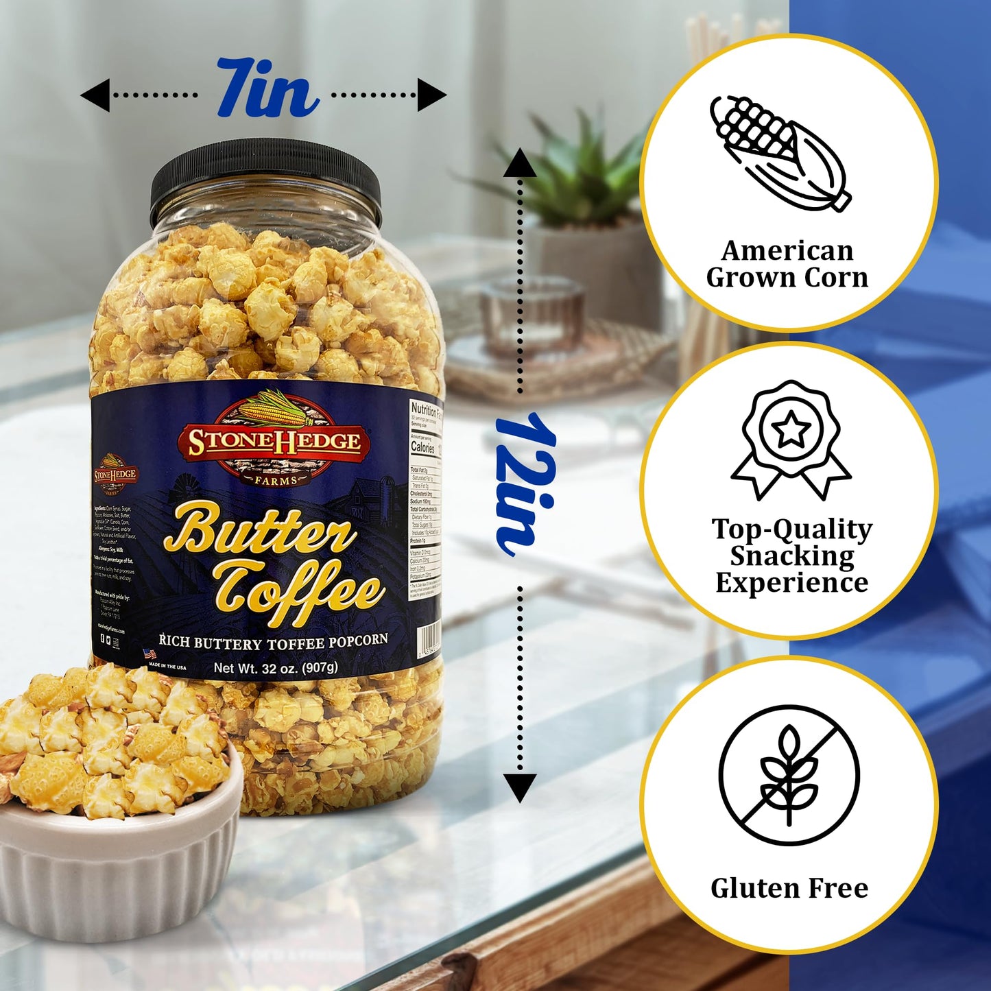 Stonehedge Farms Butter Toffee Flavored Popcorn | 32 oz Large Tub | Perfect for Holidays and Christmas | Bulk Gourmet Popped Swe