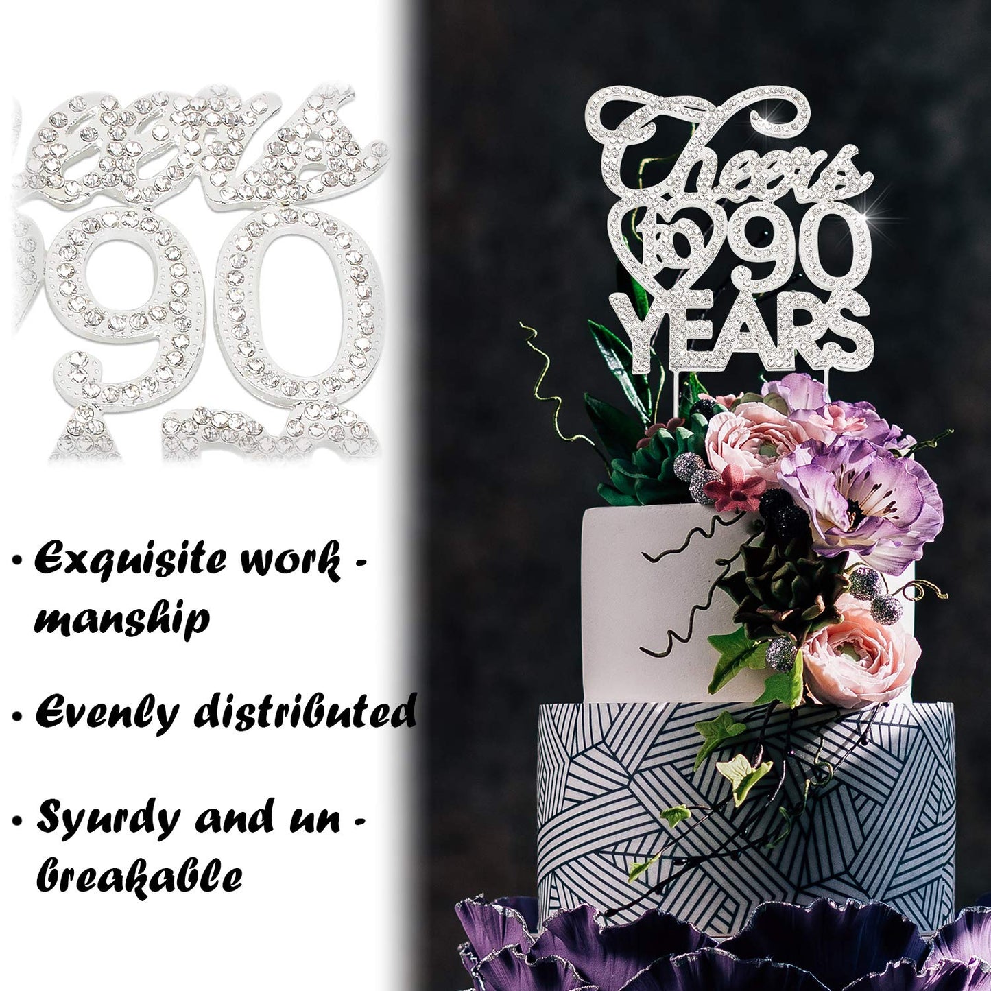 Bling Crystal Cheers To 90 Years Cake Topper - Best Keepsake 90Th Birthday Or Anniversary Decor Party Decorations Silver