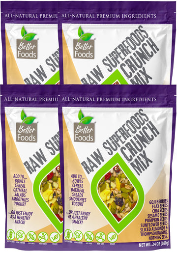 Betterfoods Raw Superfoods Crunch Mix | Premium Pumpkin, Sunflower, Flax, Chia, Sesame Seeds, Almonds, Goji Berries & Raisins Blend | 6G Protein, Vegan, Non-Gmo, No Gluten/Salt/Soy | 24Oz, Pack Of 4