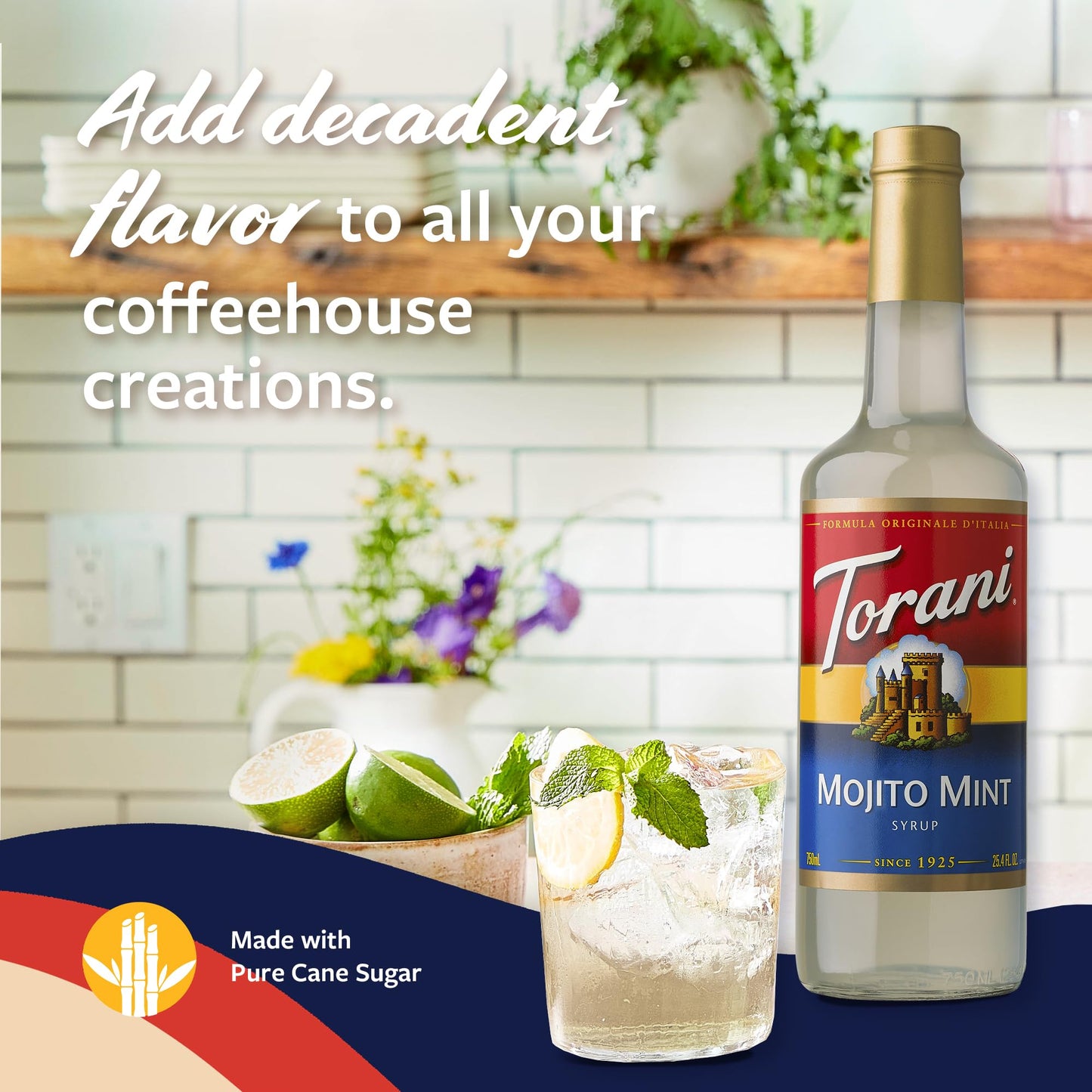 Torani Mojito Mint Syrup, Flavoring for Drinks, 25.4 Fl Oz, Glass Bottle with Pump Included