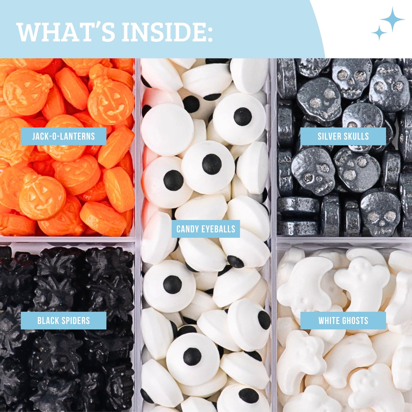 Sweets Indeed Halloween Candy Sprinkles Tacklebox – 2.53 oz Assorted Dextrose Shapes – Eyeballs, Pumpkins, Spiders, Skulls, Ghosts