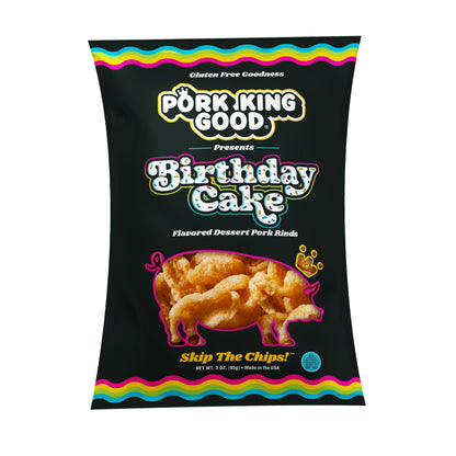 Pork King Good Birthday Cake 3 oz Dessert Flavored Pork Rinds - (4 Pack) Sweet and Salty, Gluten Free Snacks