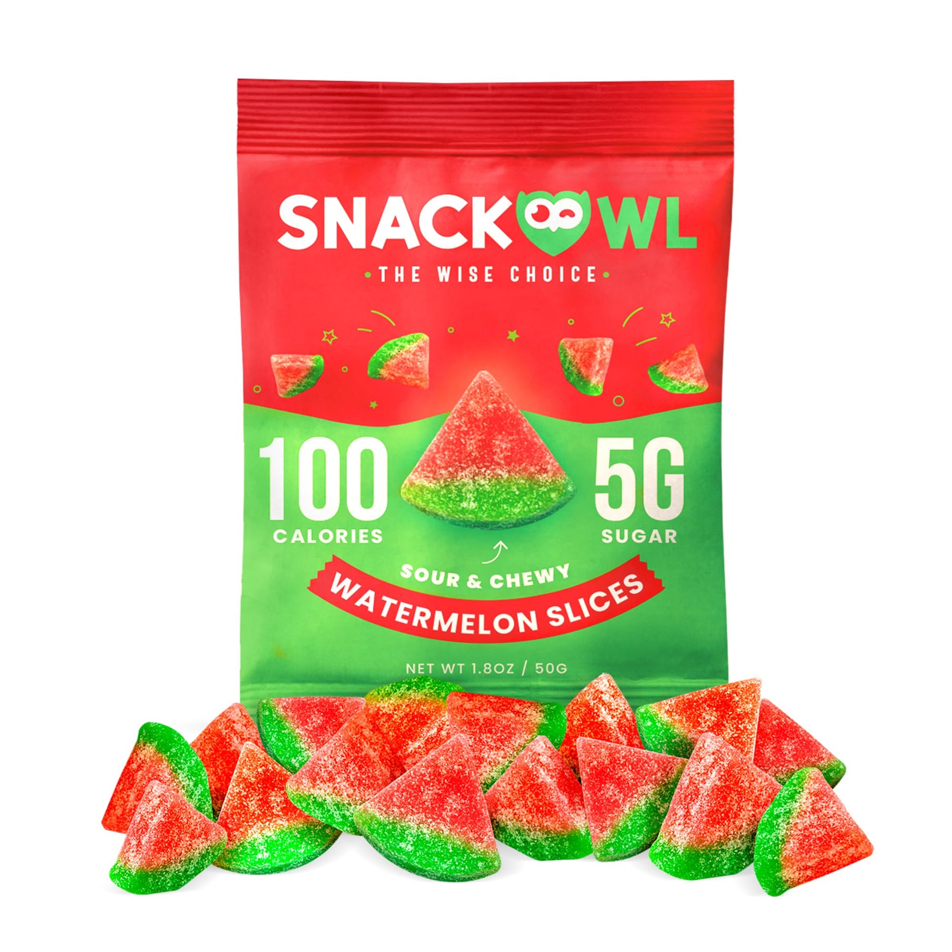 Snack Owl Vegan Sour Gummy Candy - Gluten Free, Low Calorie Candy - Guilt Free & Delicious Healthy Gummy Snacks - (Watermelon Sl