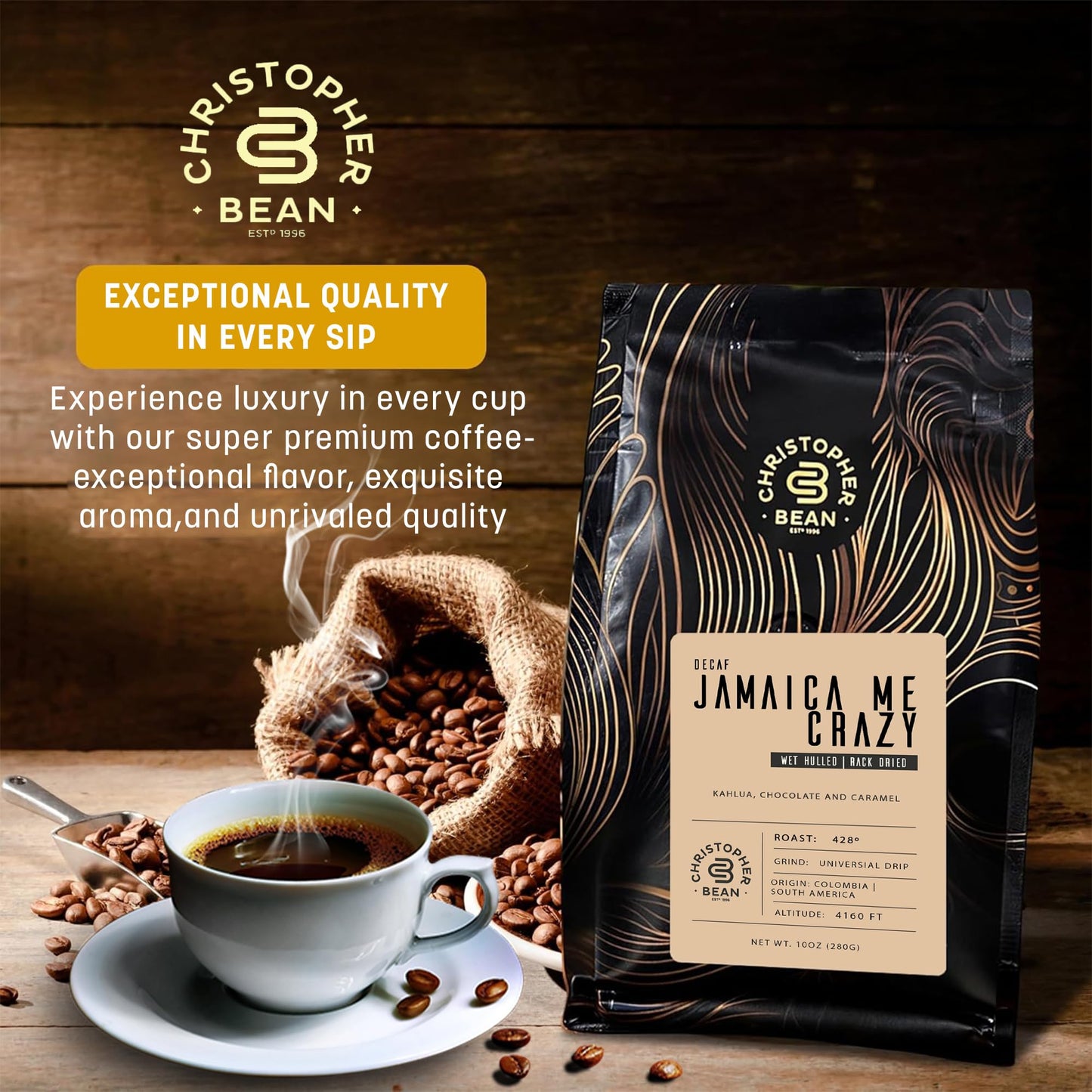 Christopher Bean Coffee Decaf Ground Jamaica Me Crazy Flavored Coffee, 100% Arabica, 12 Ounce Bag