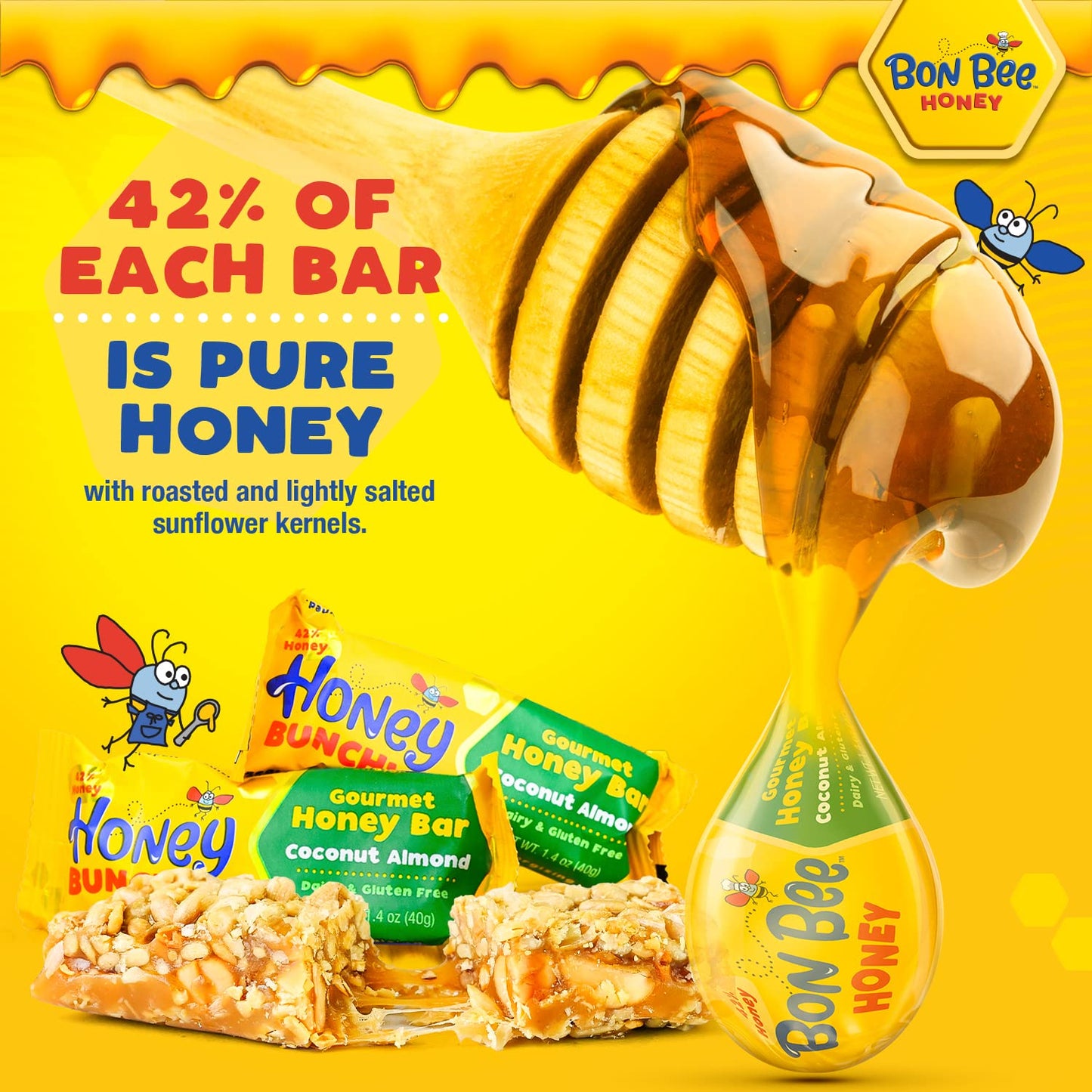 Bon Bee Honey Bunchies All Natural Honey Bar - Natural Breakfast & Nutrition Bars For Healthy Energy & Fuel - Variety Of Delicio