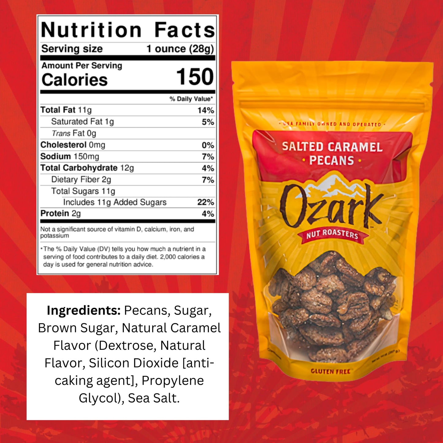 Ozark Nut Roasters Salted Caramel Pecans, Sweet & Salty Snack Nuts, 14 oz Resealable Pack