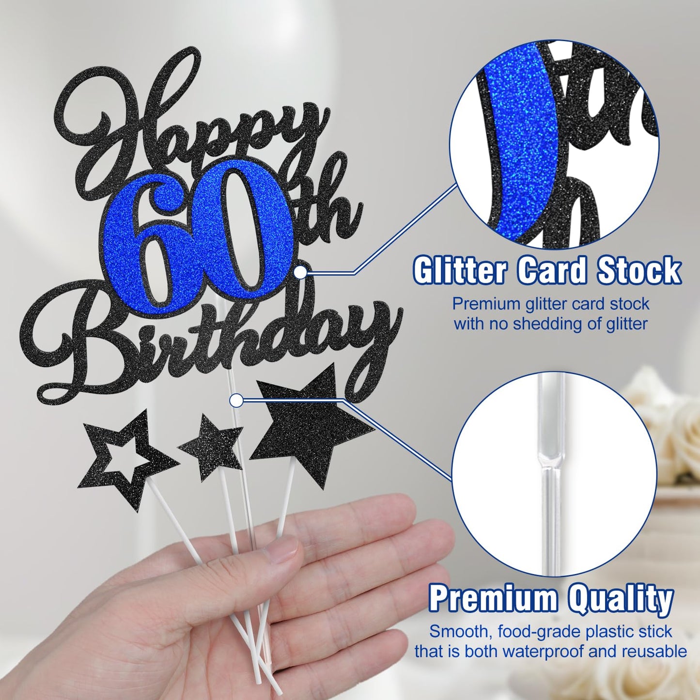 Happy 60Th Birthday Cake Toppers, Black Blue Glitter Cake Decorations Set, 60Th Birthday Decor, Birthday Anniversary Party Decor