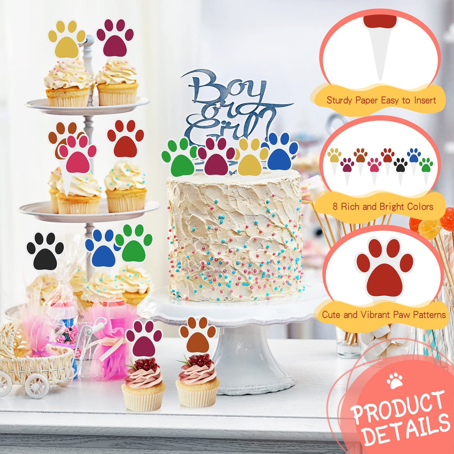 Weecent 48 Pcs Paw Cake Topper - 8 Color Paw Print Cupcake Topper Dog Birthday Party Supplies Dog Cupcake Toppers Pet Puppy Dog