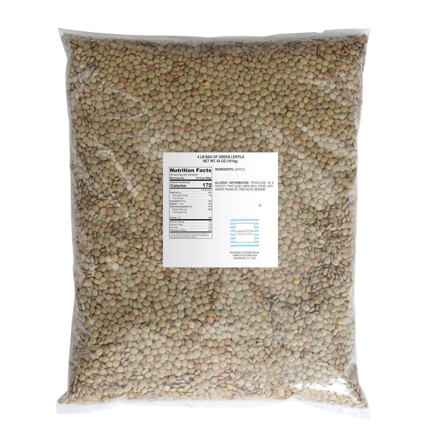 Hampton Distribution Green Lentils, 4 Pound Bulk Bag, 64 Ounce, Pack of 1