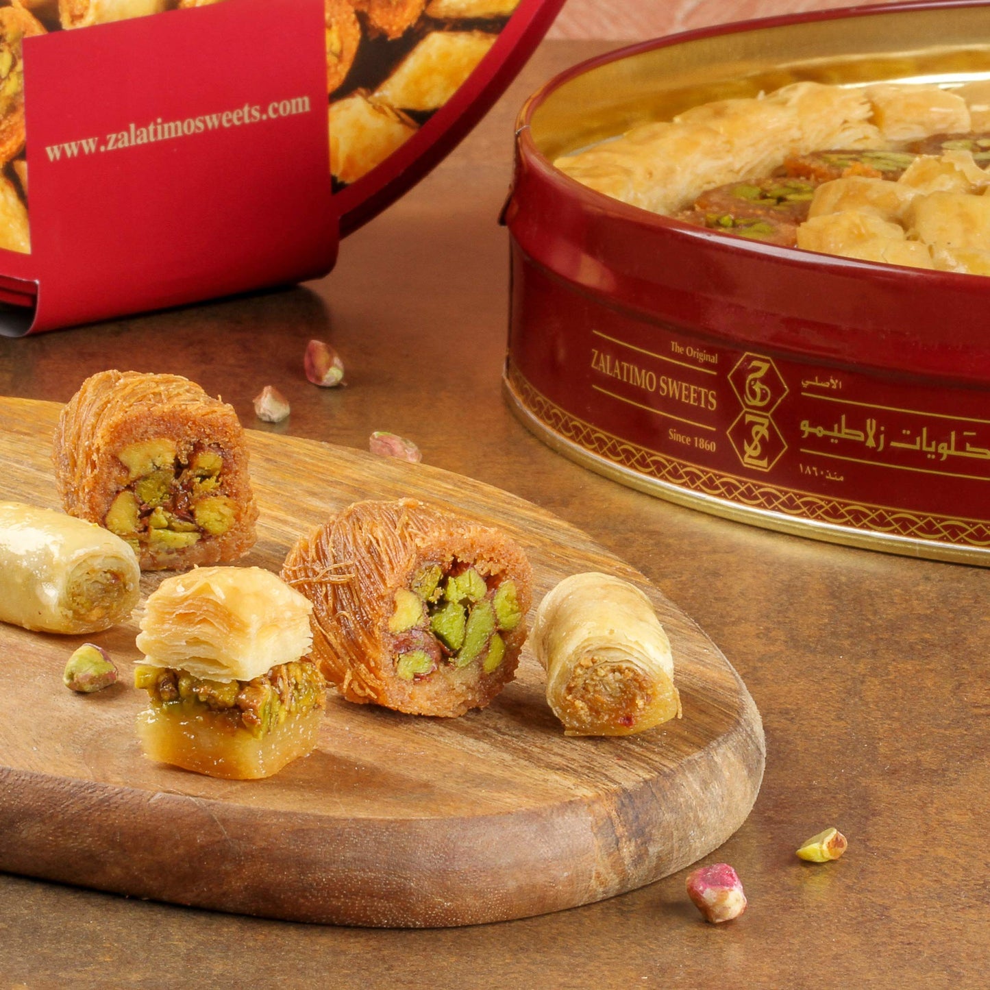 Zalatimo Sweets Since 1860, 100% All Natural Assorted Baklava, Slightly Sweet Baklava In Round Metal Gift Tin, No Preservatives,