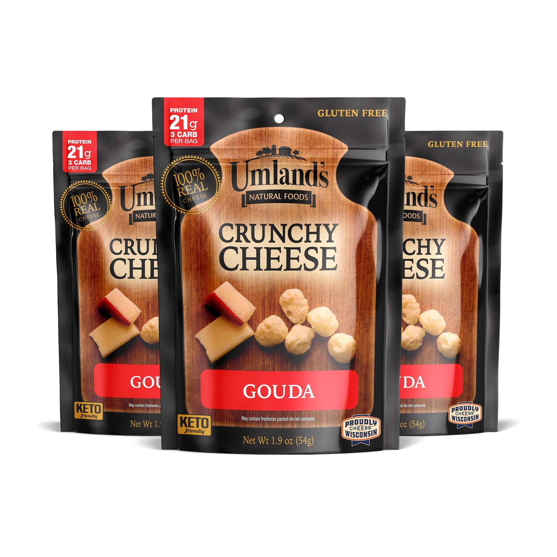 Umlands Crunchy Cheese - Gouda (3      1.9  oz Bags) | 100% Real Wisconsin Cheese, Keto, Low-Carb, High-Protein, Gluten-Free, Sh