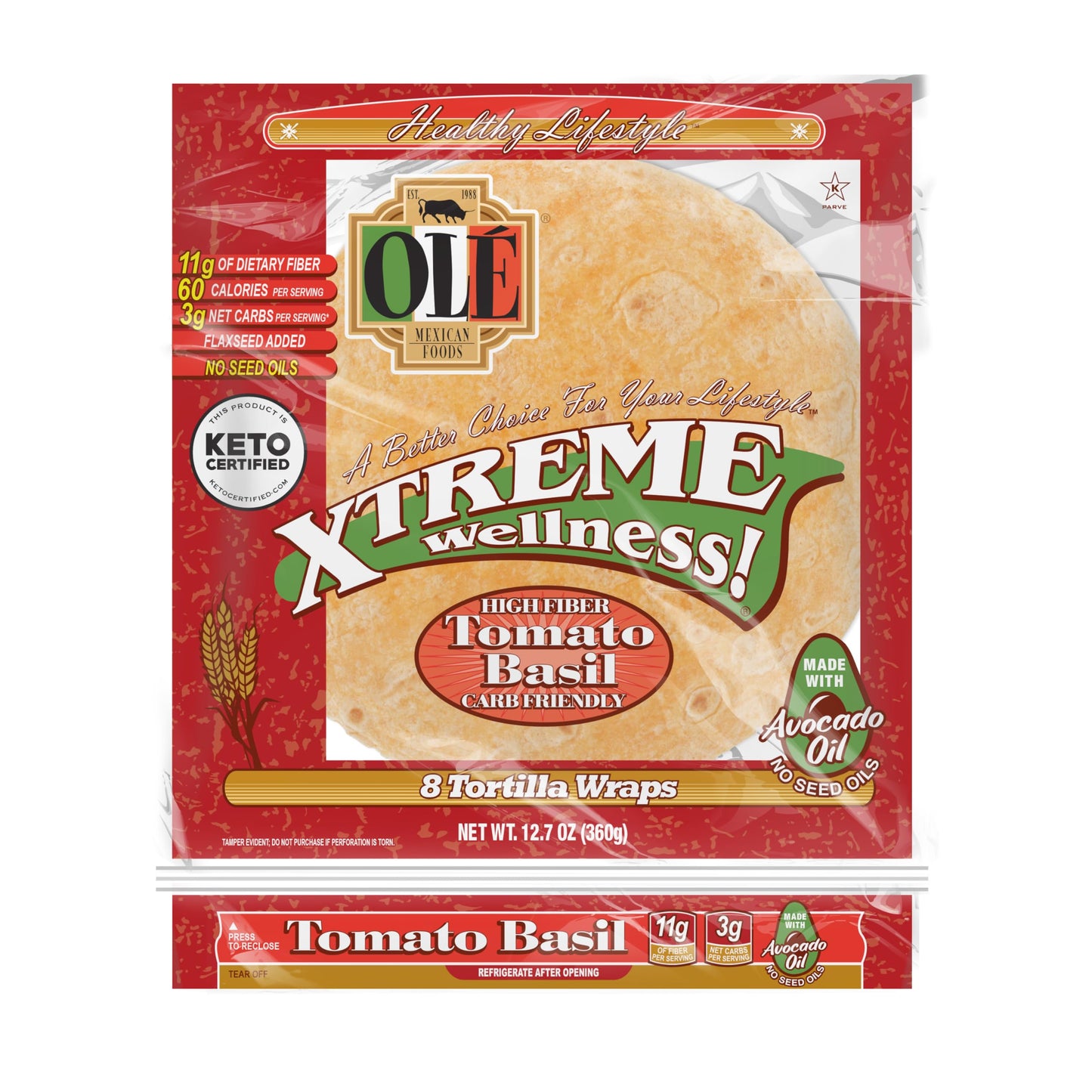 Ol   Xtreme Wellness Tomato & Basil | 8'' Size Flour Tortillas |Carb Friendly |Keto Certified | 12.7 oz.| 8 Count (Pack of 4)