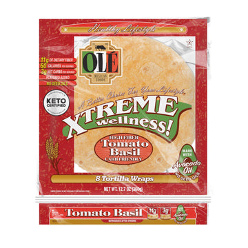 Ol   Xtreme Wellness Tomato & Basil | 8'' Size Flour Tortillas |Carb Friendly |Keto Certified | 12.7 oz.| 8 Count (Pack of 4)
