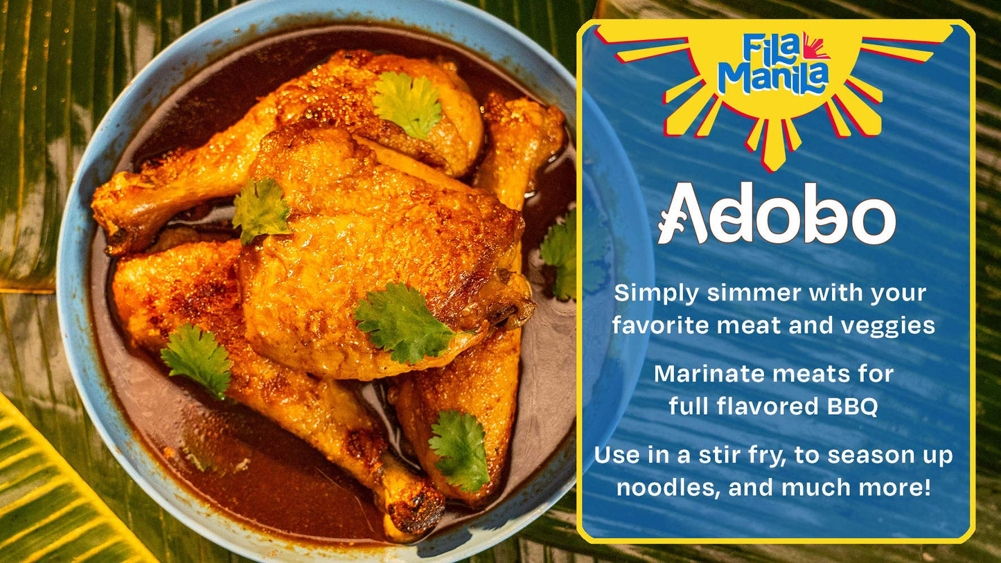 Fila Manila Filipino Adobo - Award Winning Sauce & Marinade - Wheat-Free Tamari Soy Sauce, Garlic, & Onion, 8 Oz Pouch, Mild, Ve