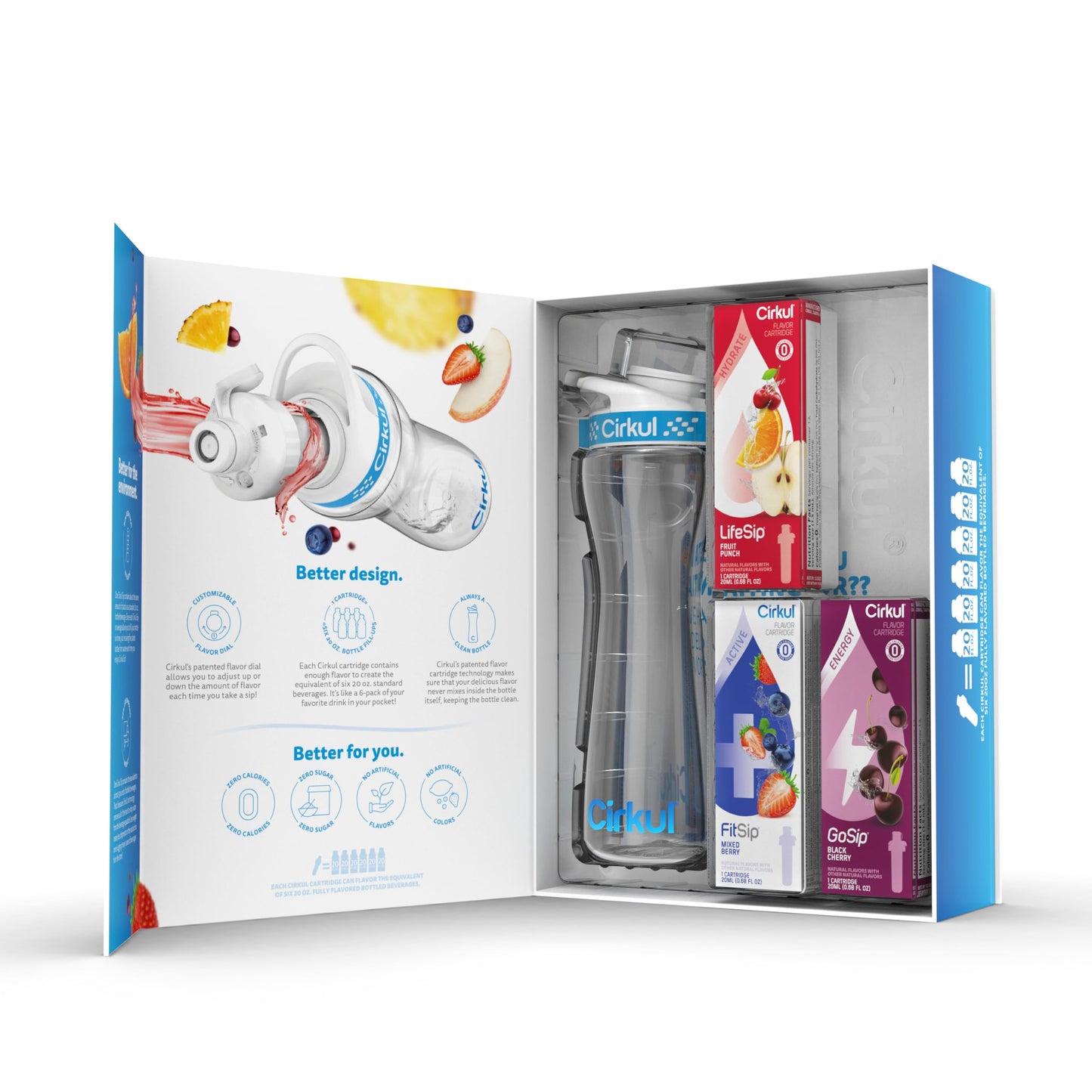 Cirkul 22Oz. Bpa-Free Plastic Water Bottle Starter Kit With Blue Lid, 3 Flavor Cartridges (1 Lifesip Fruit Punch, 1 Fitsip Mixed