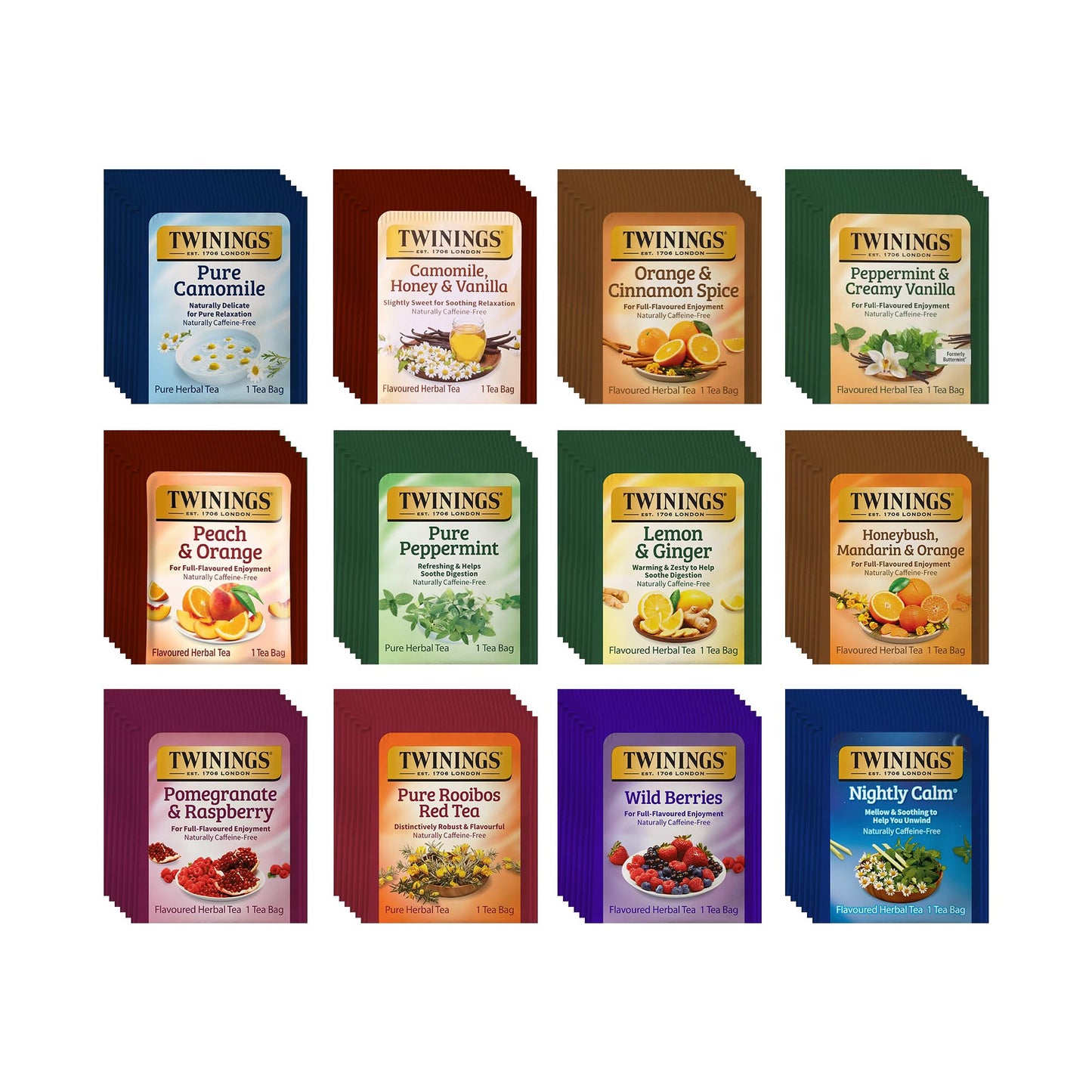 Twinings 48 Tea Bags Herbal Variety Pack - 12 Herbal Flavors  Caffeine-Free  Individually Wrapped  Perfect Tea for Any Occasion