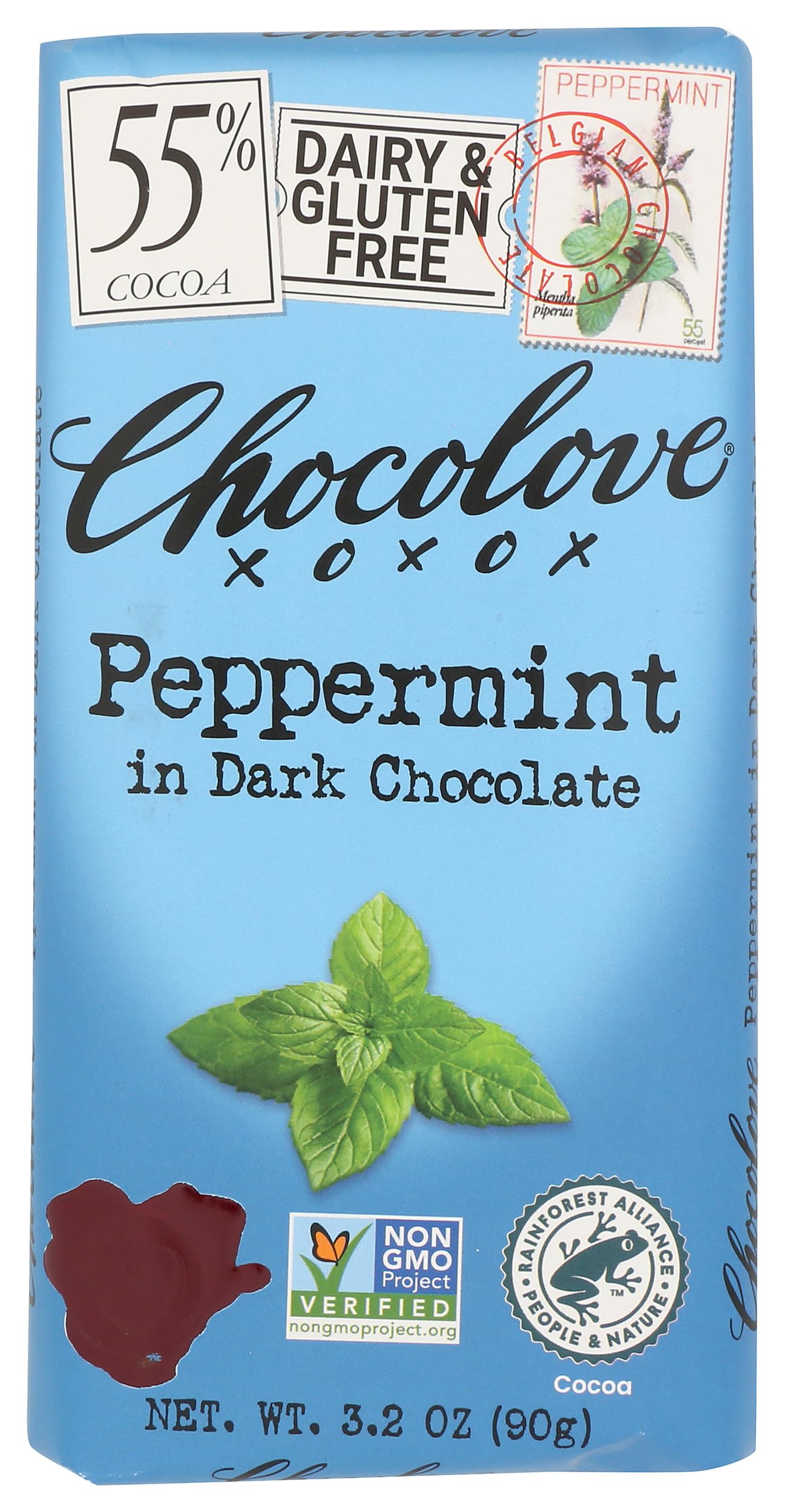 Chocolove Peppermint in 55% Cocoa Dark Chocolate Bar, Kosher, Gluten Free & Non-GMO, 3.2 Ounce (Pack of 12)