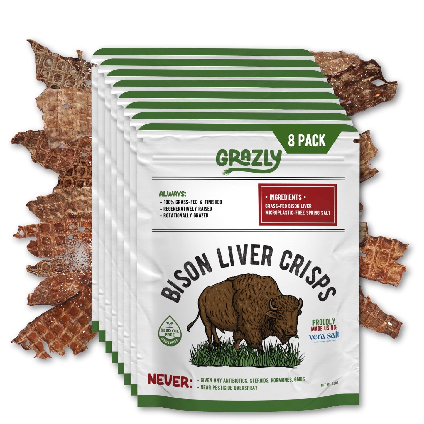 Grazly Plain Bison Liver Crisps - Grass Fed and Finished Bison Liver Chips - Thin and Crispy High Protein Snacks - Keto, Paleo, 