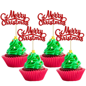 Gyufise 24 Pack Merry Christmas Cupcake Toppers Red Glitter Xmas Holiday Cake Picks Decorations For Christmas New Year Ceremony
