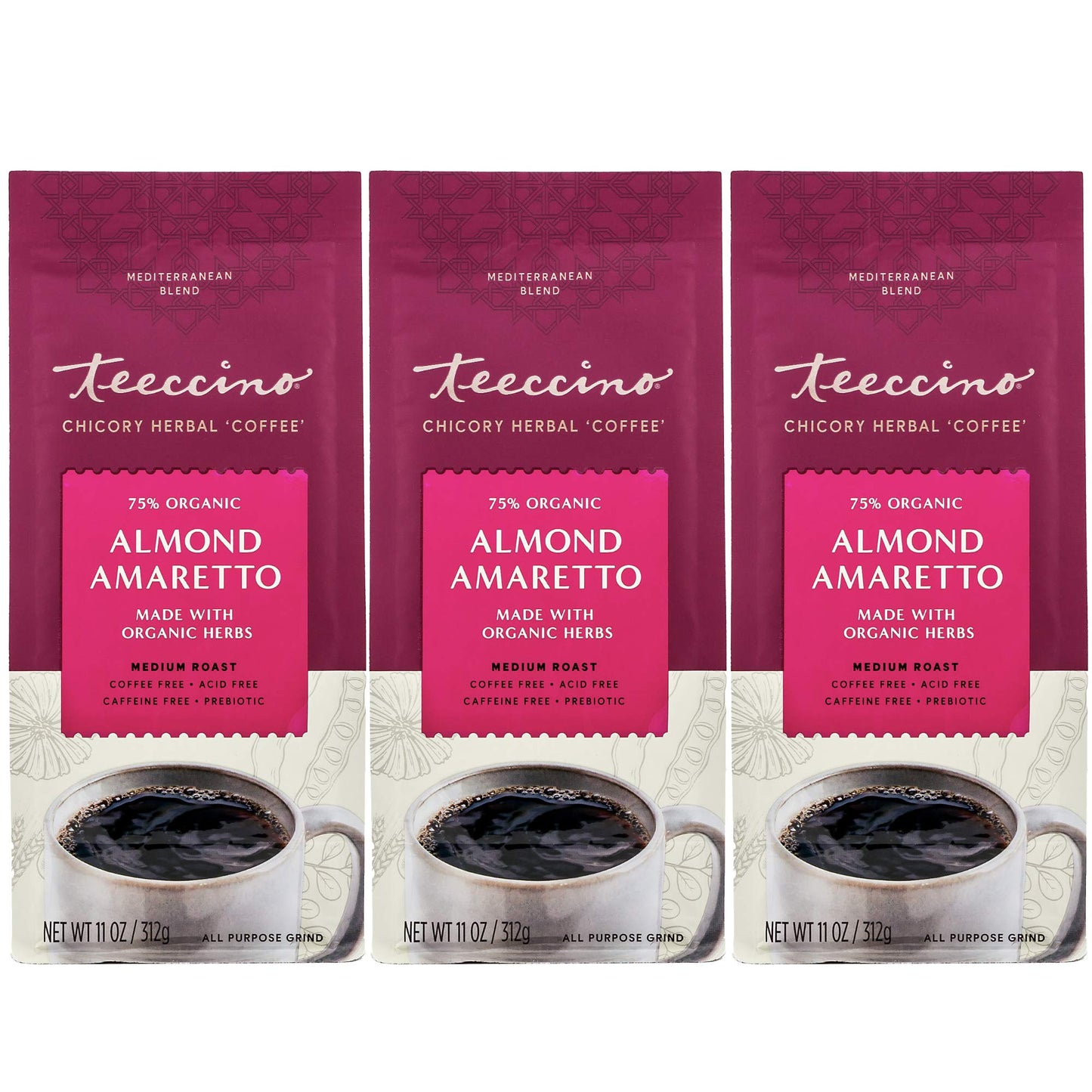 Teeccino Almond Amaretto Ground Herbal Coffee Alternative, Medium Roast, 11 Ounce (Pack of 3), Caffeine Free, Acid Free
