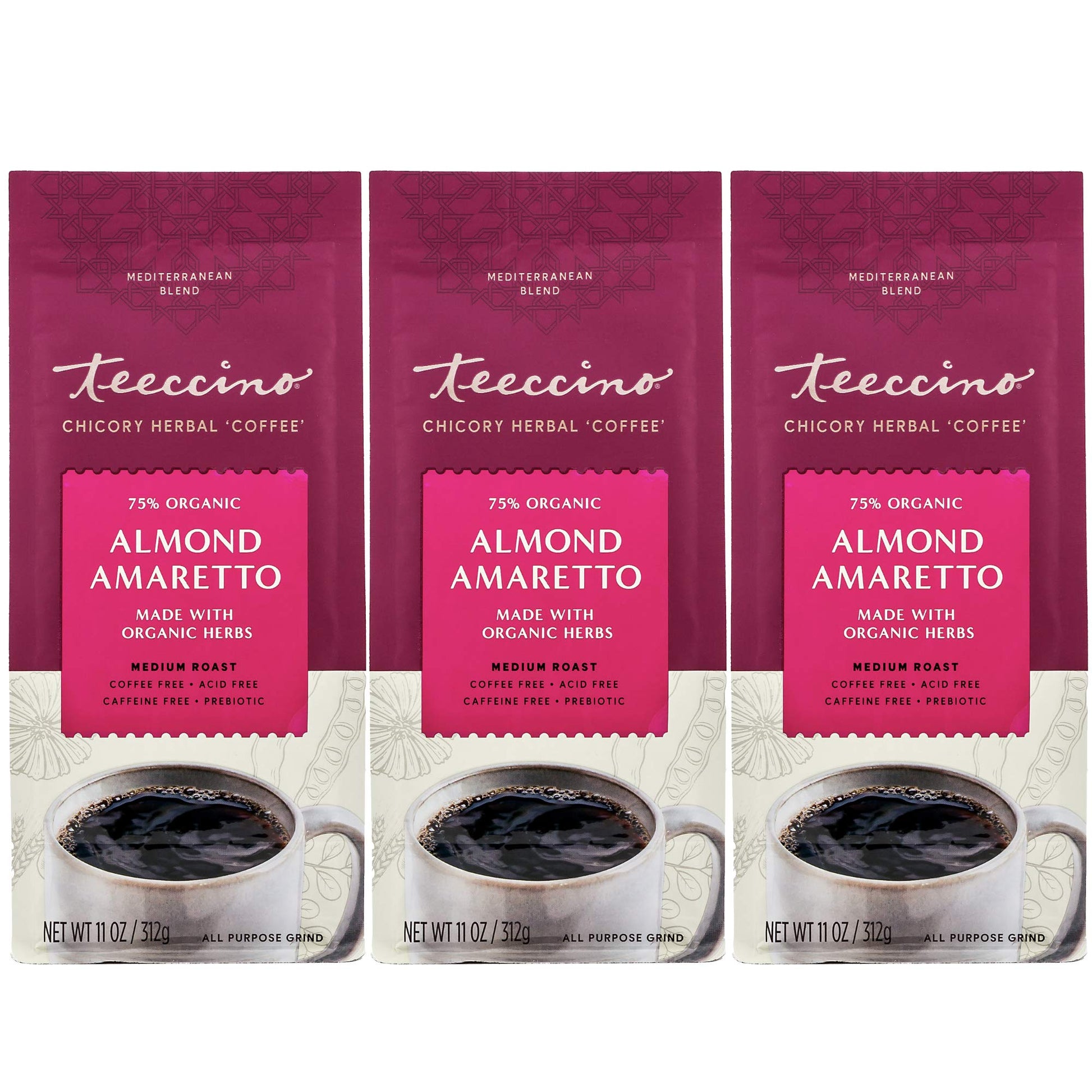 Teeccino Almond Amaretto Ground Herbal Coffee Alternative, Medium Roast, 11 Ounce (Pack of 3), Caffeine Free, Acid Free