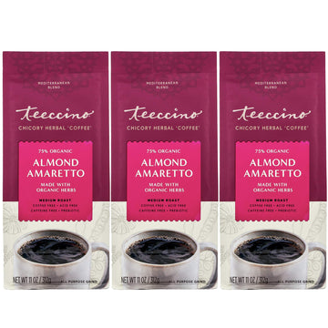 Teeccino Almond Amaretto Ground Herbal Coffee Alternative, Medium Roast, 11 Ounce (Pack of 3), Caffeine Free, Acid Free