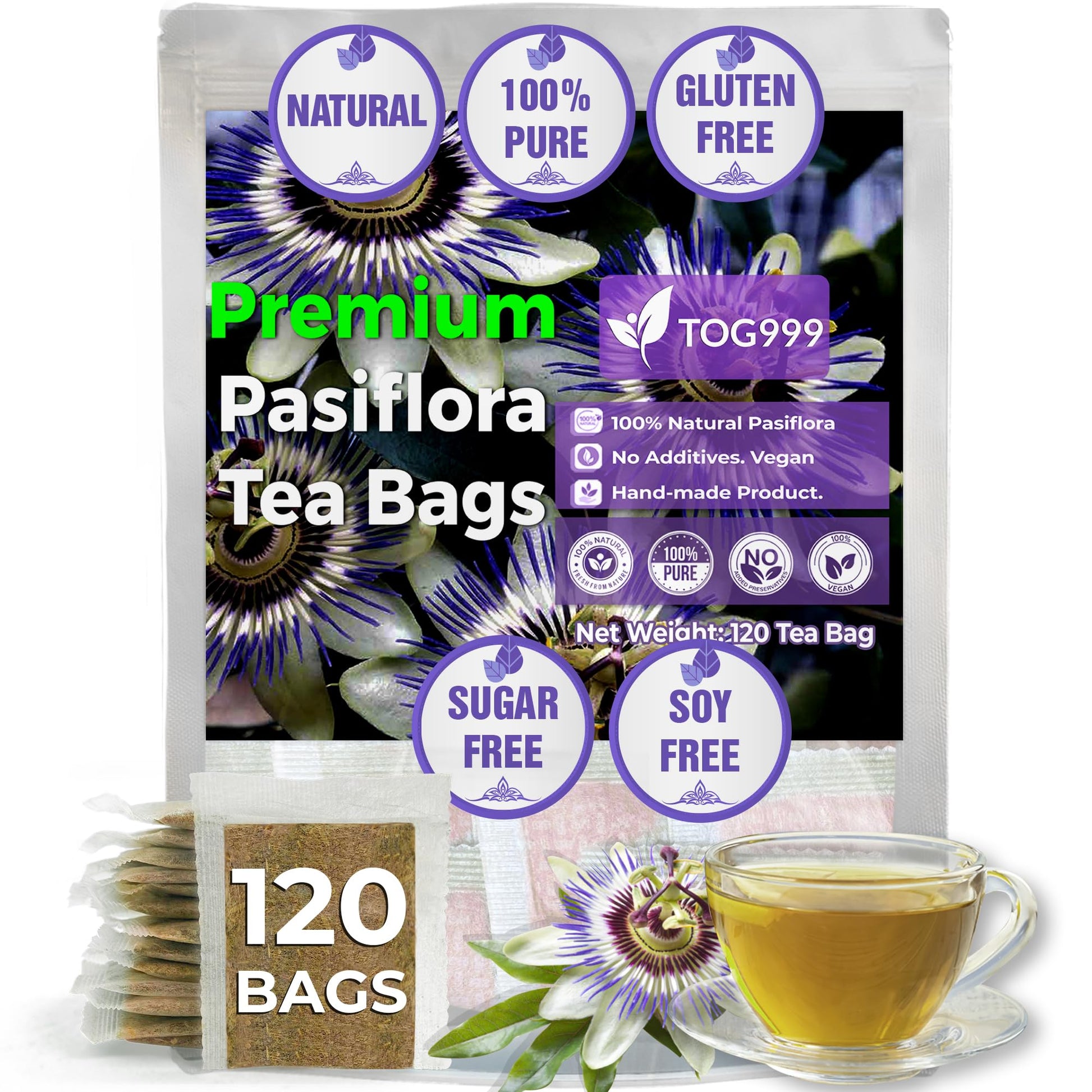 TOG999 Premium Passion Flower Herbal Tea Bags, 100% Natural, Caffeine-Free, Vegan, 120 Bags