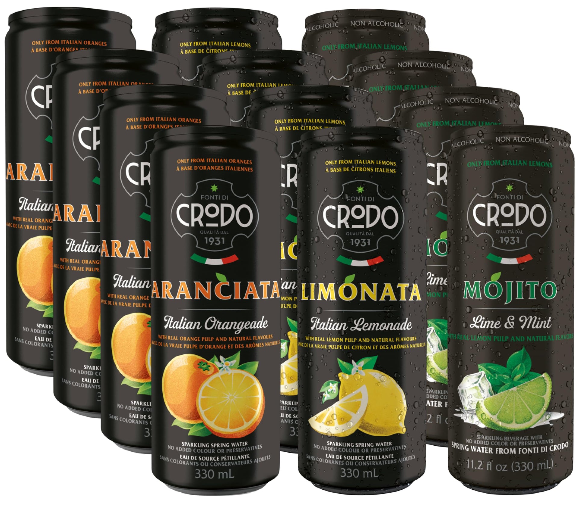 Niro Assortment | Fonti Di Crodo Variety | 3 Flavor Assortment | 4 Cans of Each Flavor- Limonata, Mojito, and Aranciata | 12 Can