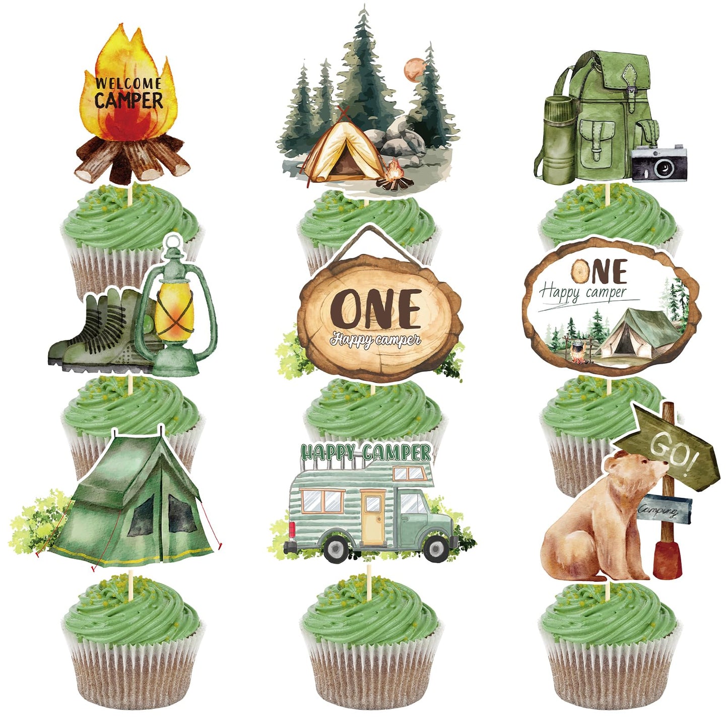One Happy Camper Cake Topper - Joybileefun 36PCS One Happy Camper Birthday Decorations Cupcake Toppers Woodland Camping Themed P