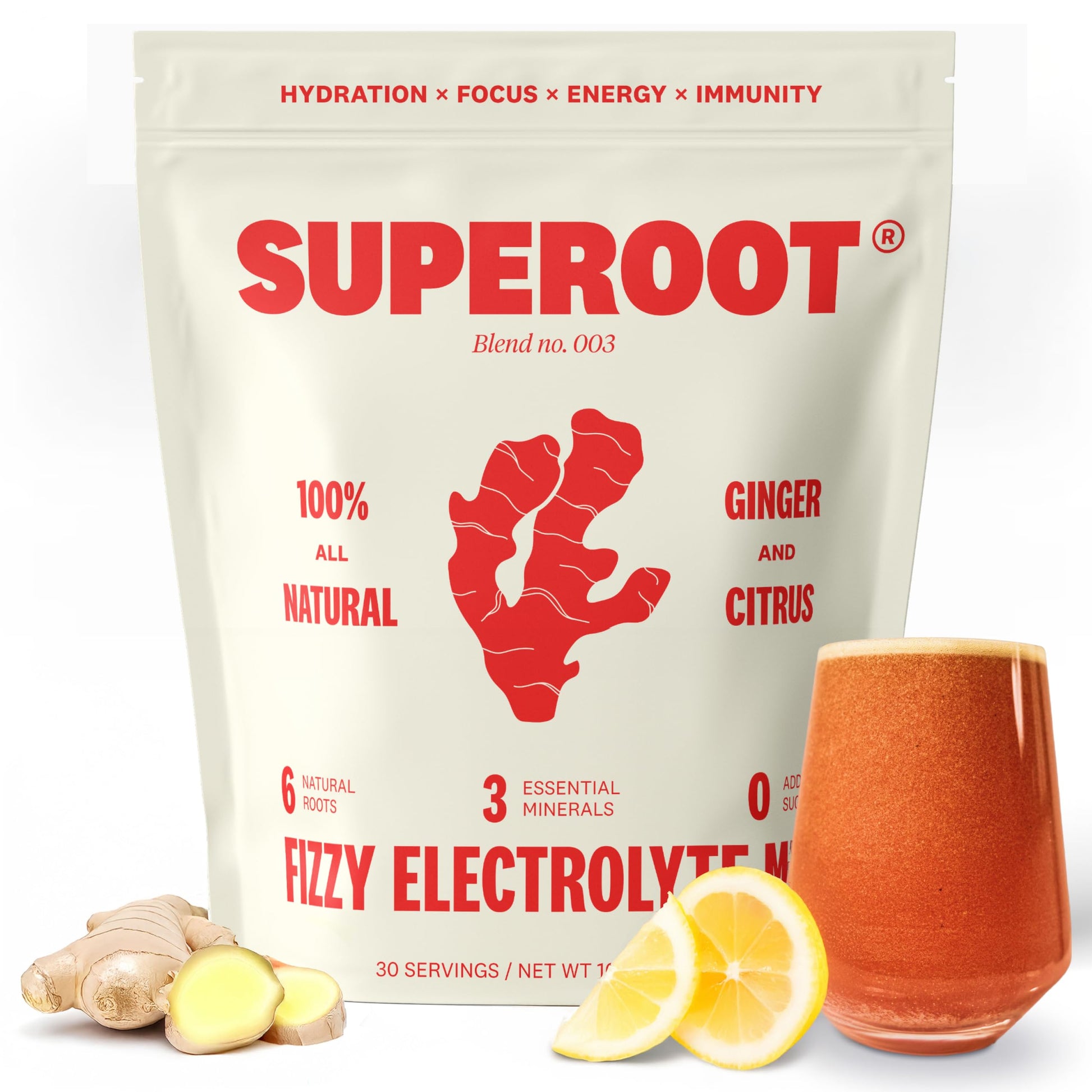 SUPEROOT Ginger Shot + Superfood Drink Mix, Immunity & Hydration, 30 Servings, Original Citrus Flavor, Vermilion Red