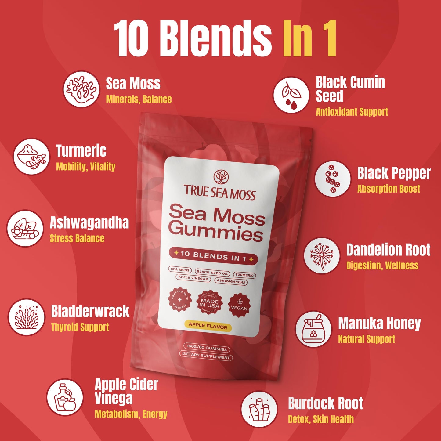 TrueSeaMoss Sea Moss & Apple Cider Vinegar Gummies - 60 Count - Vegan, Non-GMO, Apple Flavor - Model TSM-341-GMB1
