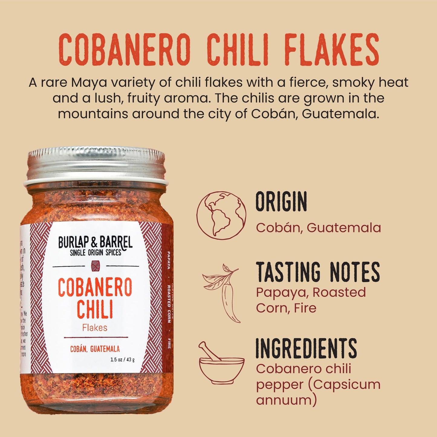 Burlap & Barrel Cobanero Chili Flakes - Smoky Heat with Fruity Aroma - 1.5oz Glass Jar