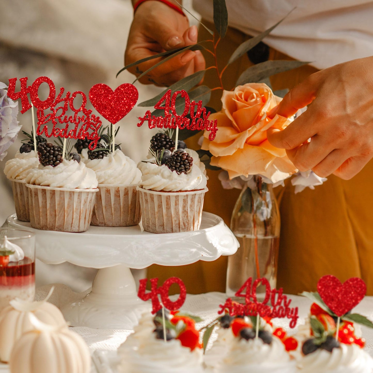 Gyufise 24Pcs 40Th Anniversary Cupcake Toppers Heart Cake Toppers Ruby Wedding Anniversary Heart Cake Decoration For 40 Years An