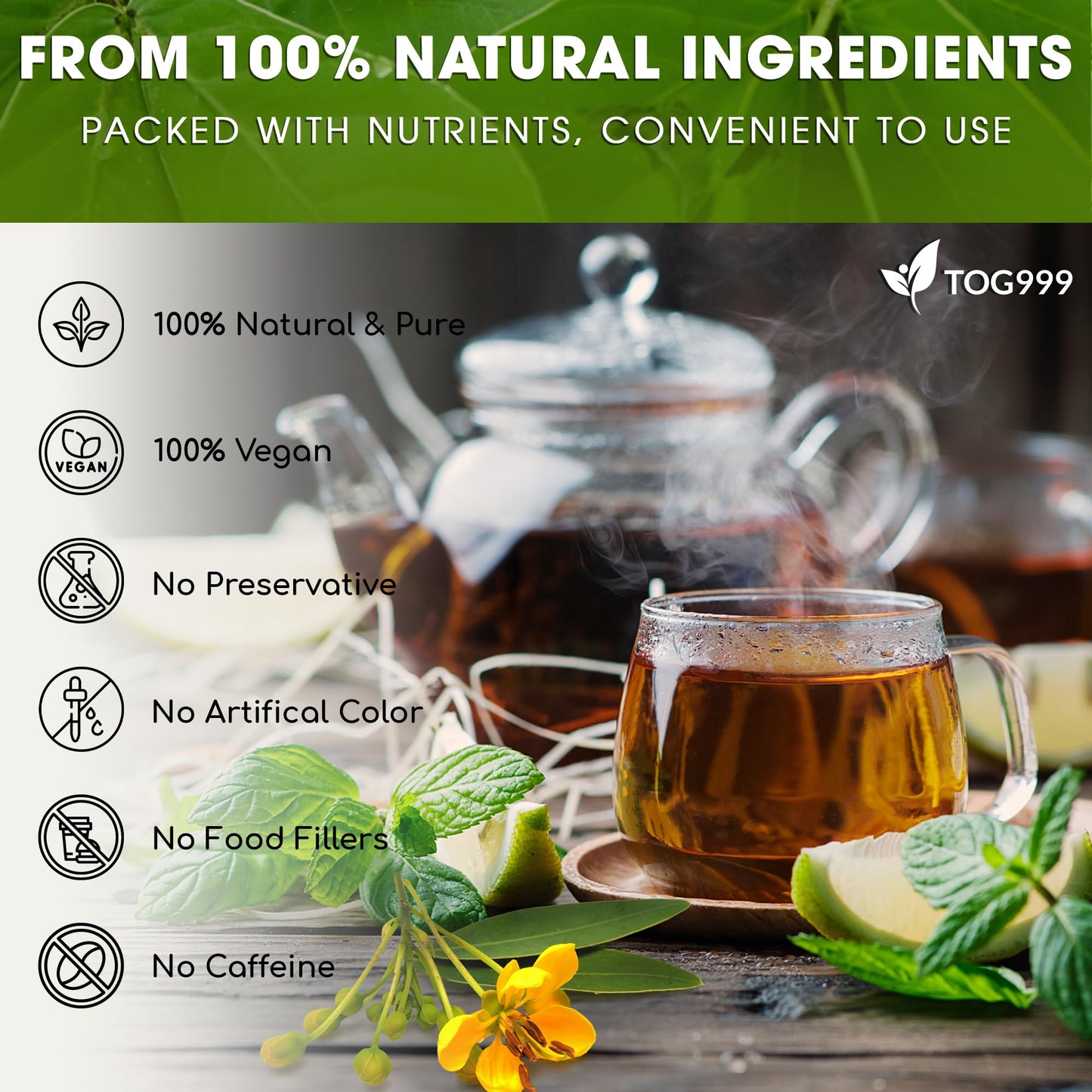 TOG999 Herbal Tea Bags - Natural Blend of Senna, Peppermint, Licorice, Fennel - 60 Bags, Vegan, No Sugar, No Caffeine, No Gluten