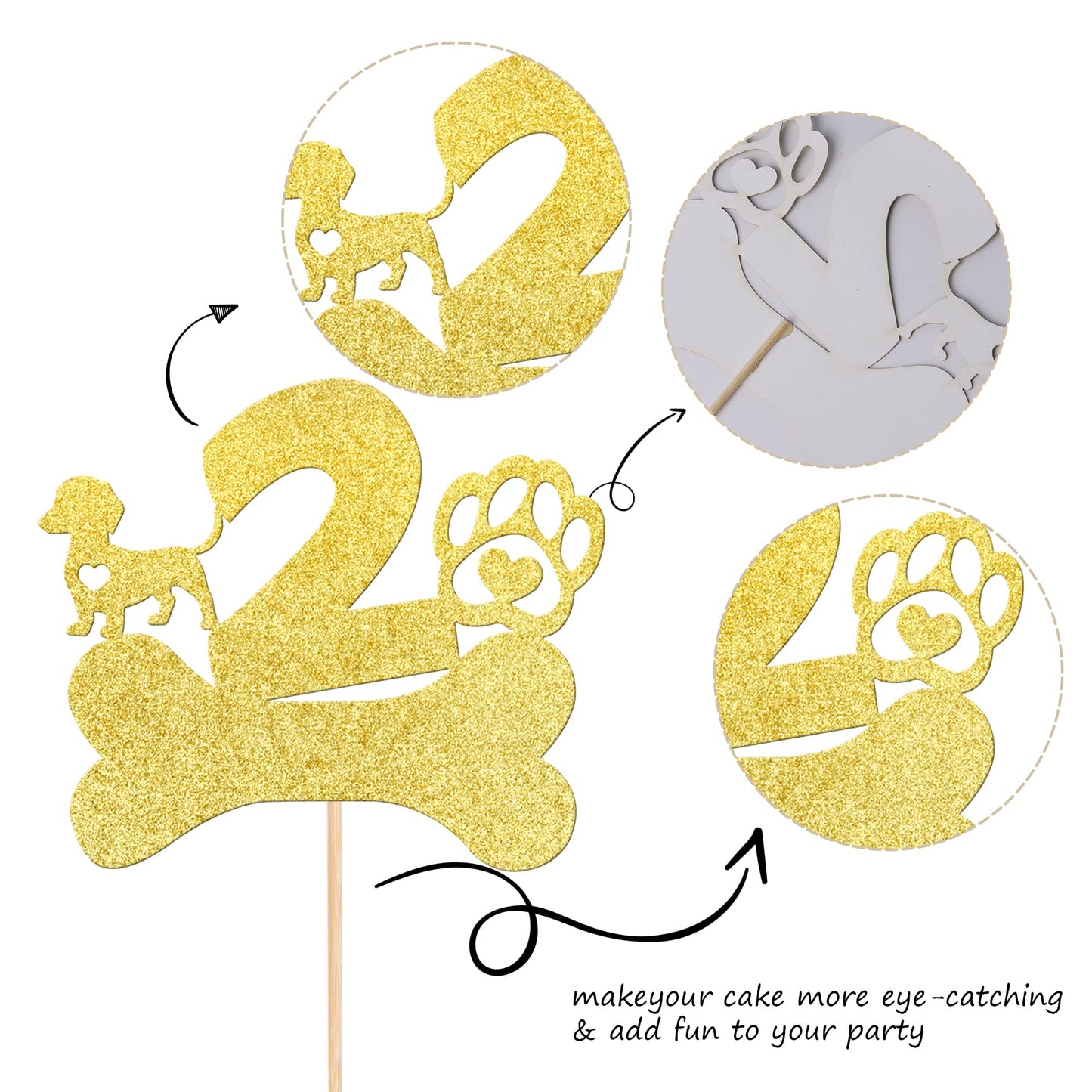 1 Pcs 2Nd Birthday Cake Topper With Gold Glitter Dog Paw Two Years Old Birthday Puppy Dog Bone Cake Pick For Let'S Pawty Baby Sh