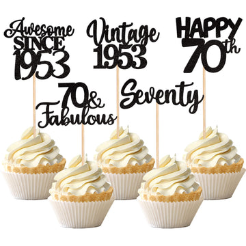 30Pcs Happy 70Th Birthday Cupcake Toppers Glitter Seventy Vintage 1953 Cupcake Picks Cheers To 70 Fabulous Cake Decorations For
