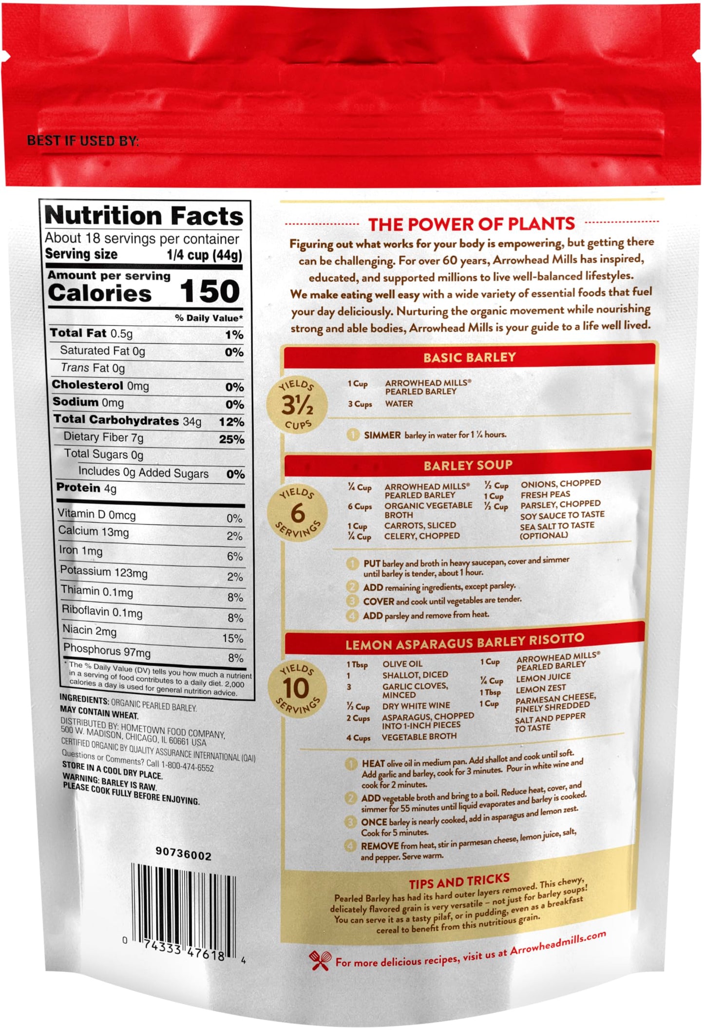 Arrowhead Mills Organic Pearled Barley, 28 oz Bag (Pack of 6)