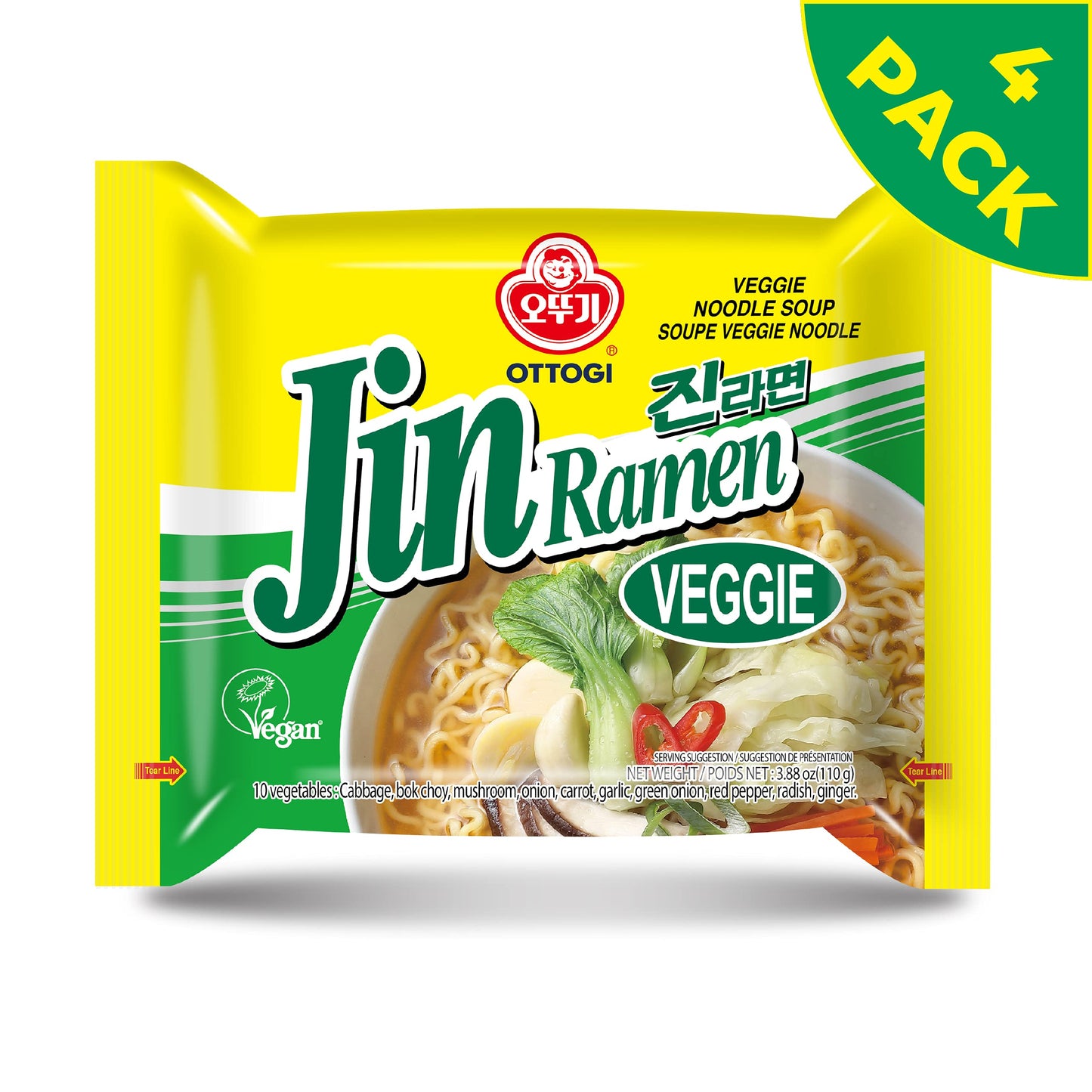 Ottogi Jin Ramen Veggie Instant Noodle Soup, Vegan, 3.88oz x 4 Pack