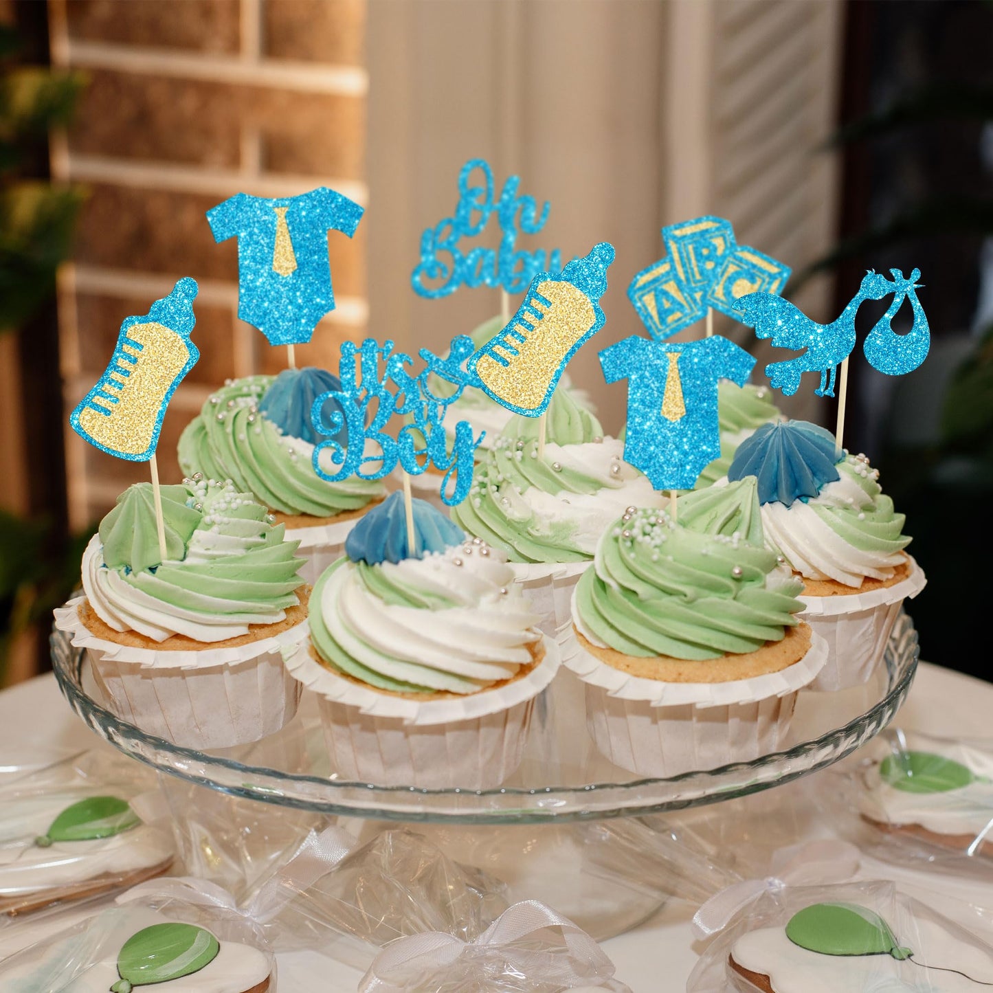 Gyufise 24Pcs Baby Shower Oh Baby Cupcake Toppers It'S A Boy Cupcake Picks Glitter Tie Onesie Baby Bottle Cake Picks Decorations