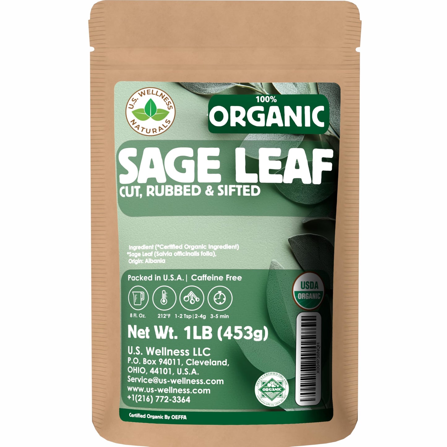 U.S. Wellness Naturals Organic Sage Leaf  1 Pound  Cut and Sifted Loose Leaf Tea and Seasoning  Albanian Origin