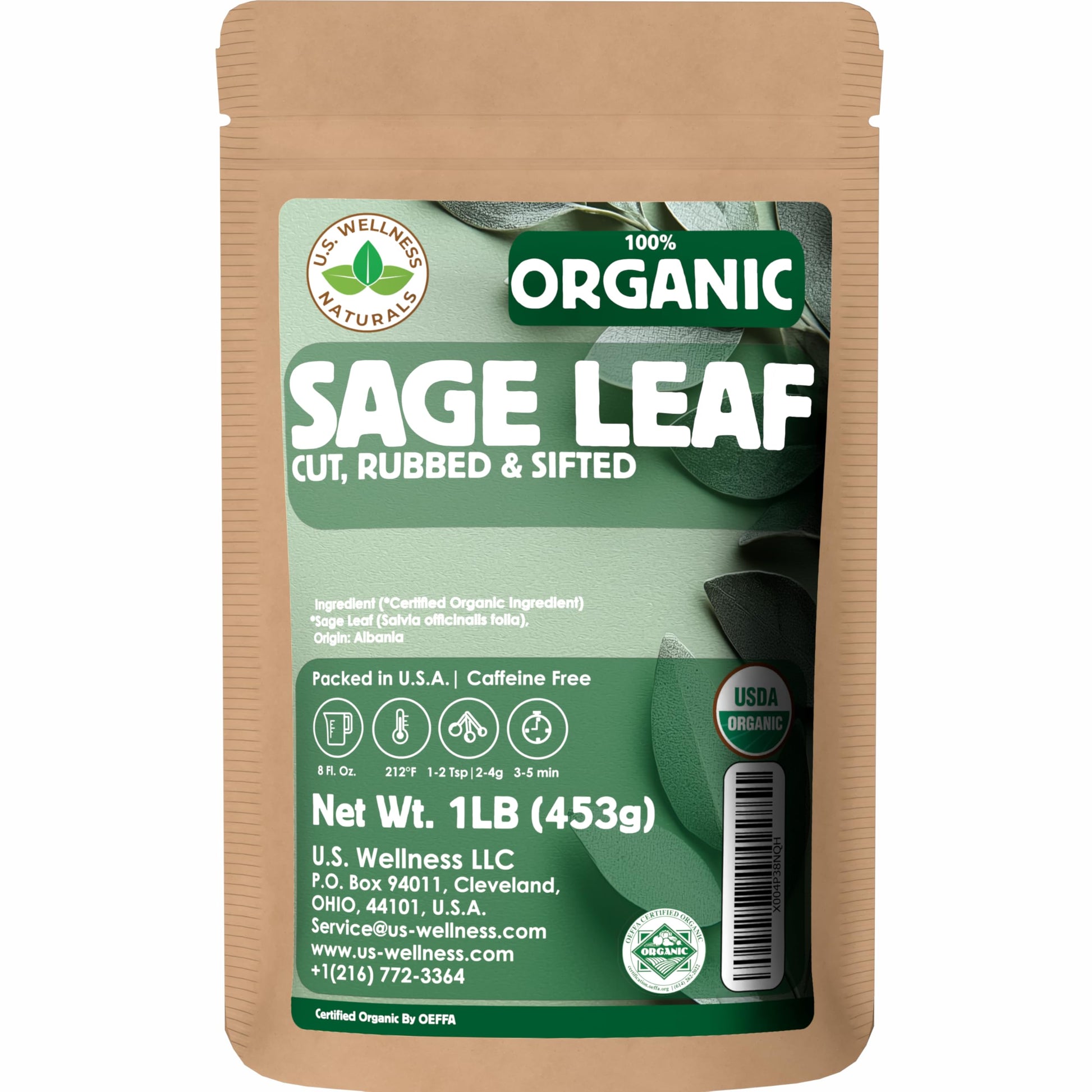 U.S. Wellness Naturals Organic Sage Leaf  1 Pound  Cut and Sifted Loose Leaf Tea and Seasoning  Albanian Origin