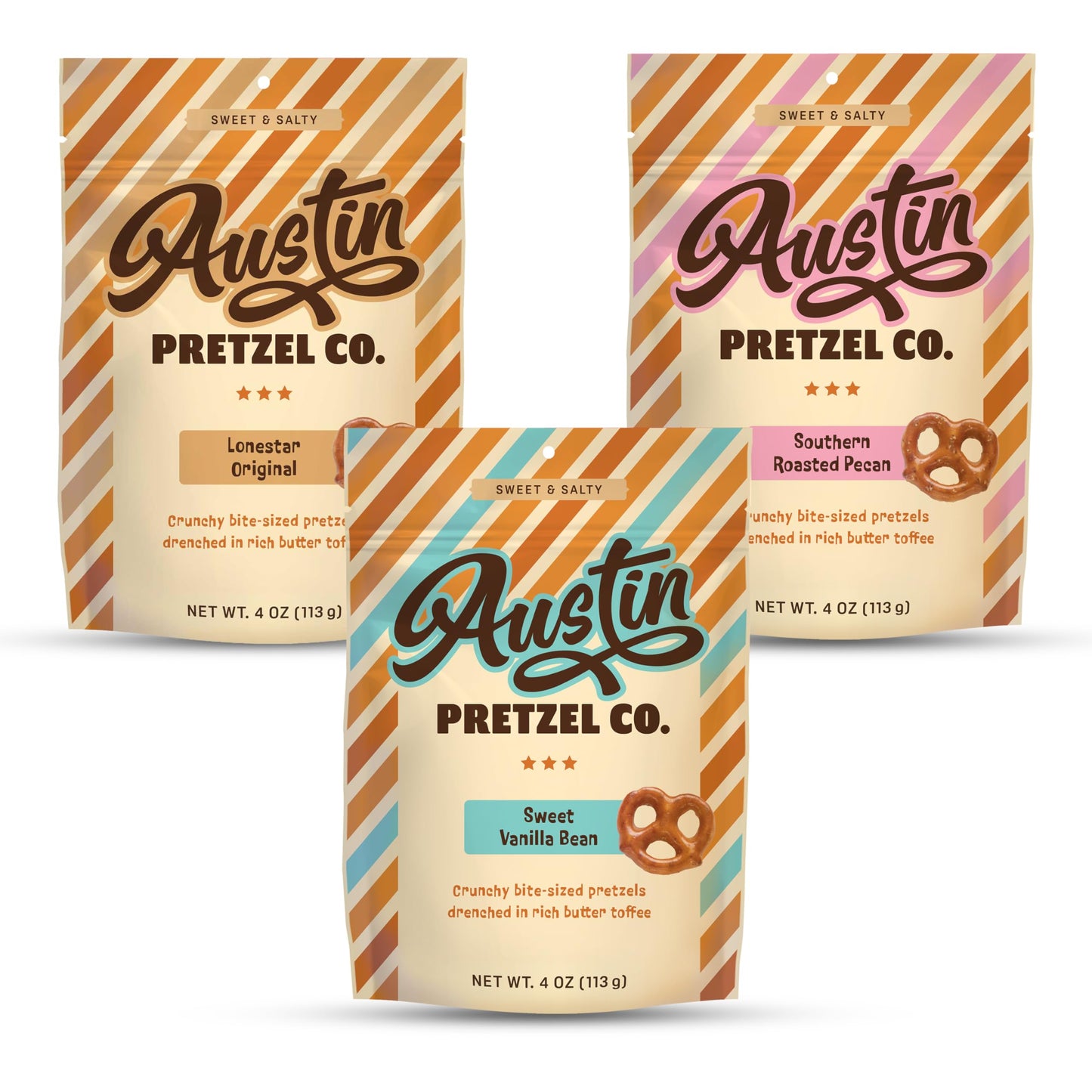 Austin Pretzel Co. Variety Pack - Gourmet Butter Toffee Pretzels, 4 oz, Sweet & Savory Snack, Includes Original, Vanilla Bean & Pecan Flavors