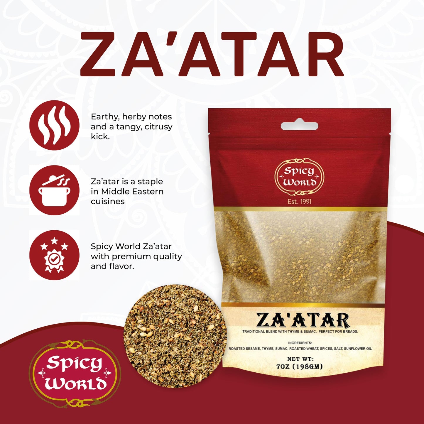 Spicy World Zaatar 7 Ounce LARgE Bag  Traditional Middle Eastern Zatar Spice Blend with Thyme & Sumac  Zaatar Seasoning