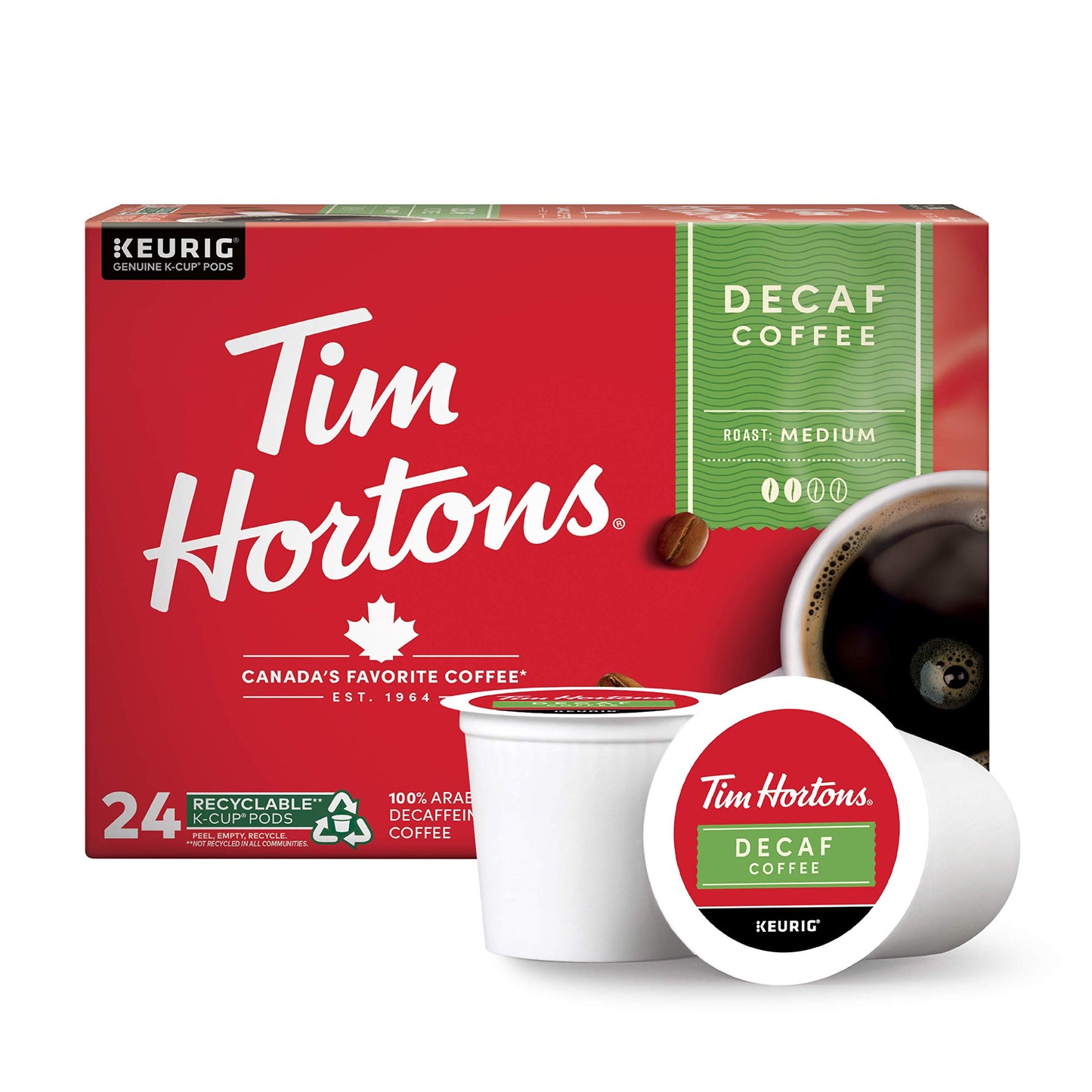 Tim Hortons Decaf Medium Roast Coffee K-Cup Pods, 96ct, 24 Count (Pack of 4), Red, Compatible with Keurig Brewers