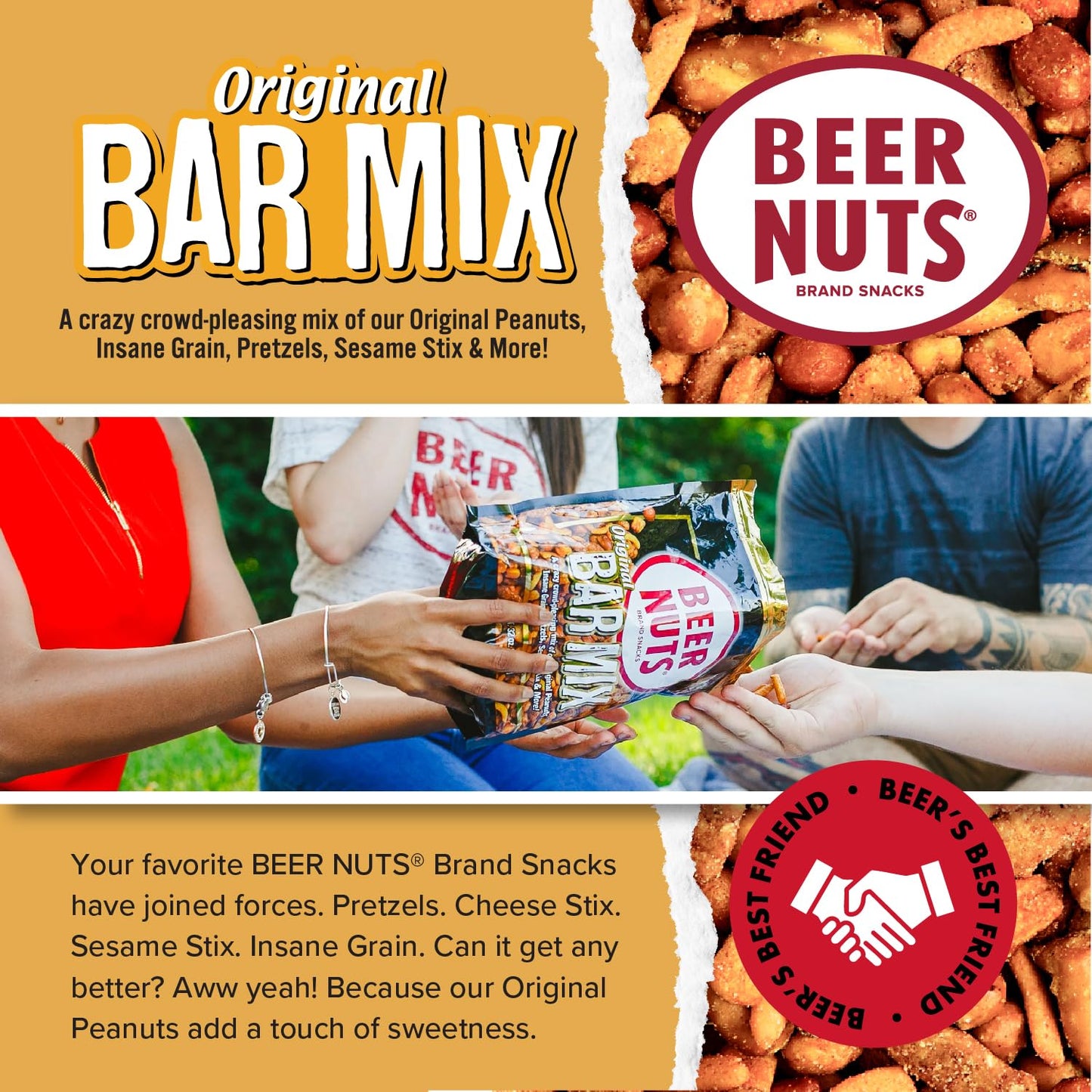 malt-inspired NUTS Original Bar Mix - Crunchy Pretzels, Cheese & Sesame Sticks, Roasted Corn Nuts, Peanuts - 26oz Resealable Jar