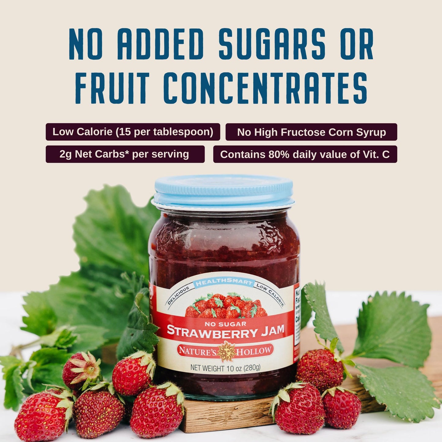 Natures Hollow Strawberry Jam, Sugar Free, Vegan, Gluten Free, 10oz Pack of 6